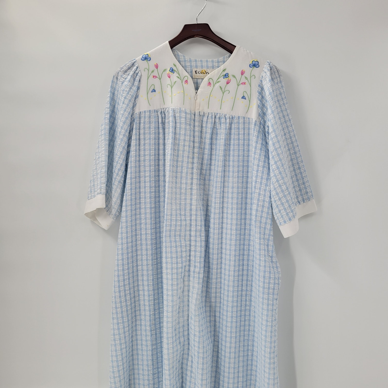 Vintage Stan Herman Womens Nightgown Blue Check Floral Embroidered Full Zip