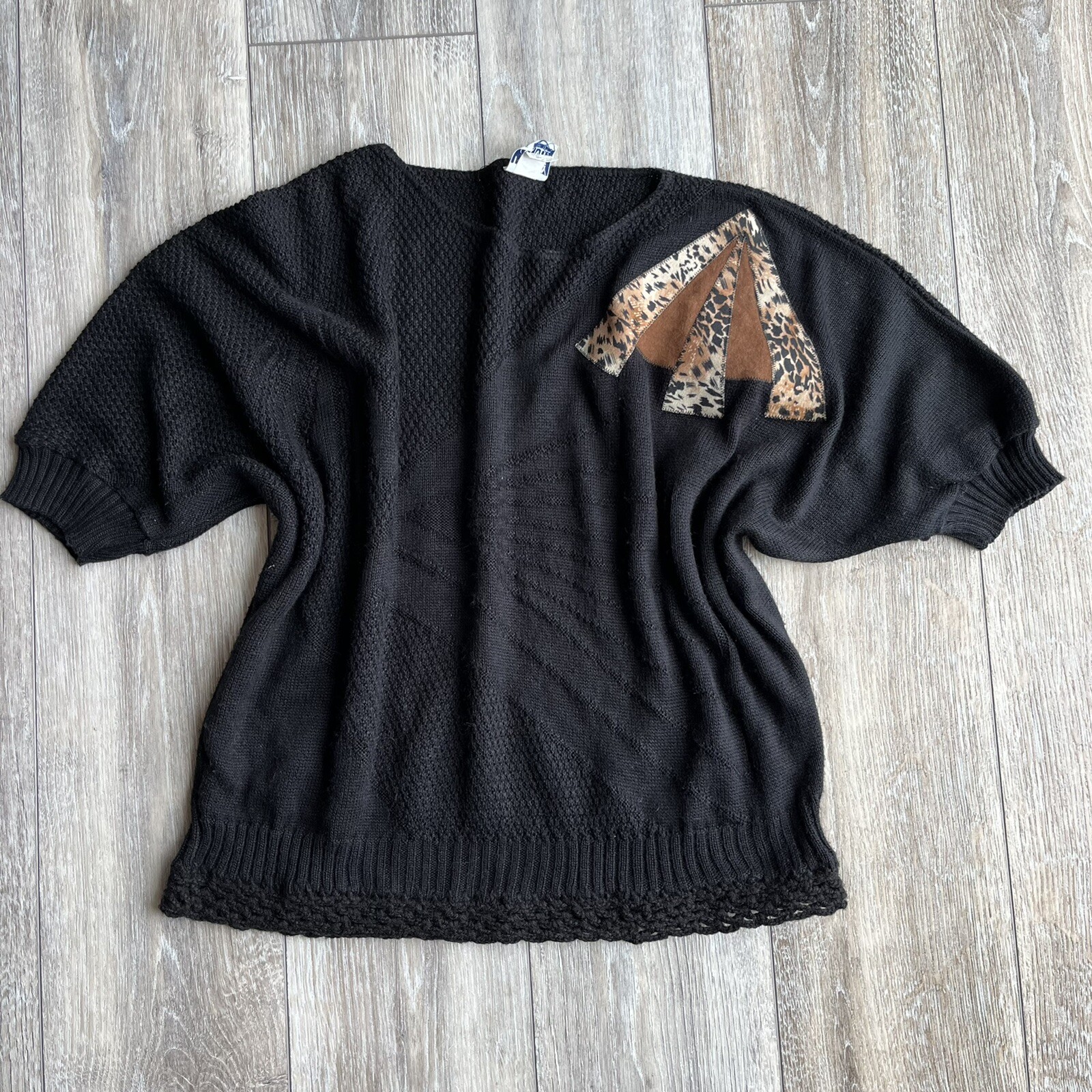 Vintage 80s Sweater Dolman Sleeve Statement Black Leopard Print Animal Large