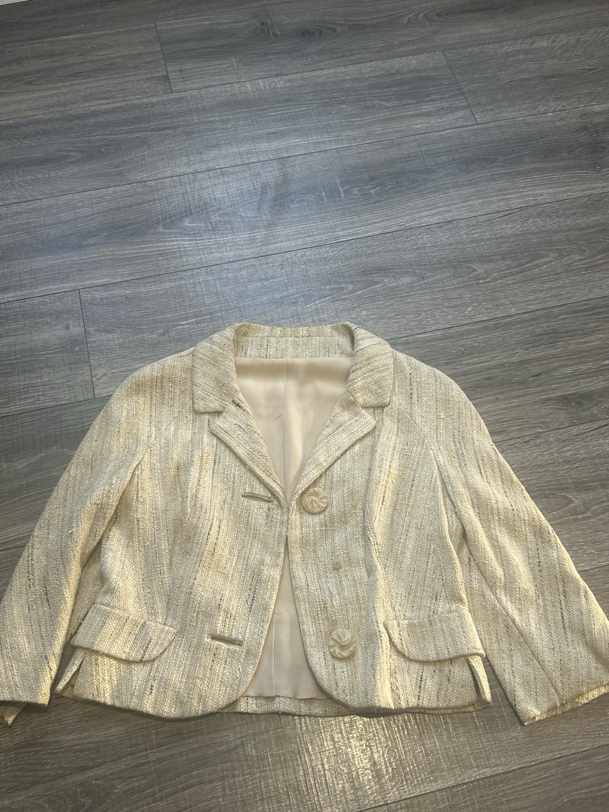 Vintage Lloyd Schaeffer Cropped Tweed Jacket Cream 60s 70s Mod Blazer