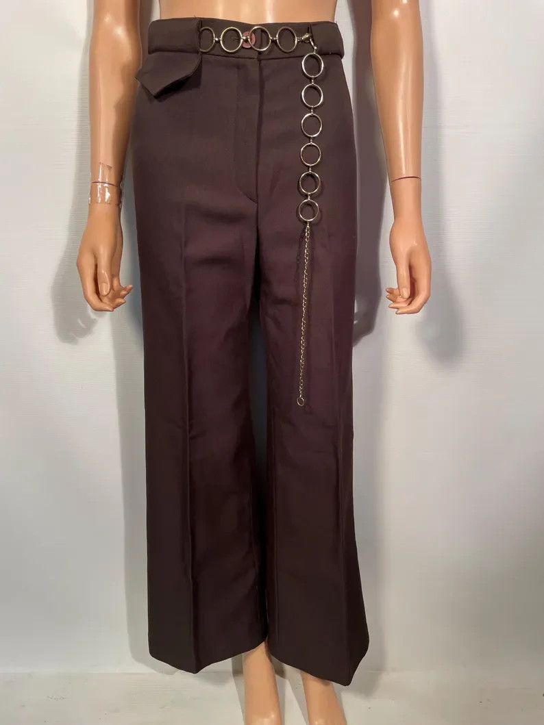 Vintage 1970s Brown Polyester Sears Jr Bazaar Bell Bottoms Wide Leg Pants 26 W