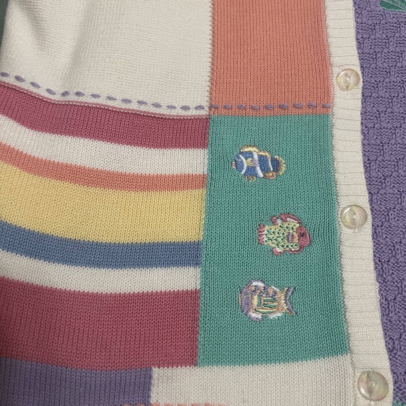 Vintage Seashell Cardigan Sweater M Pastel Colorblock Fish Grannycore