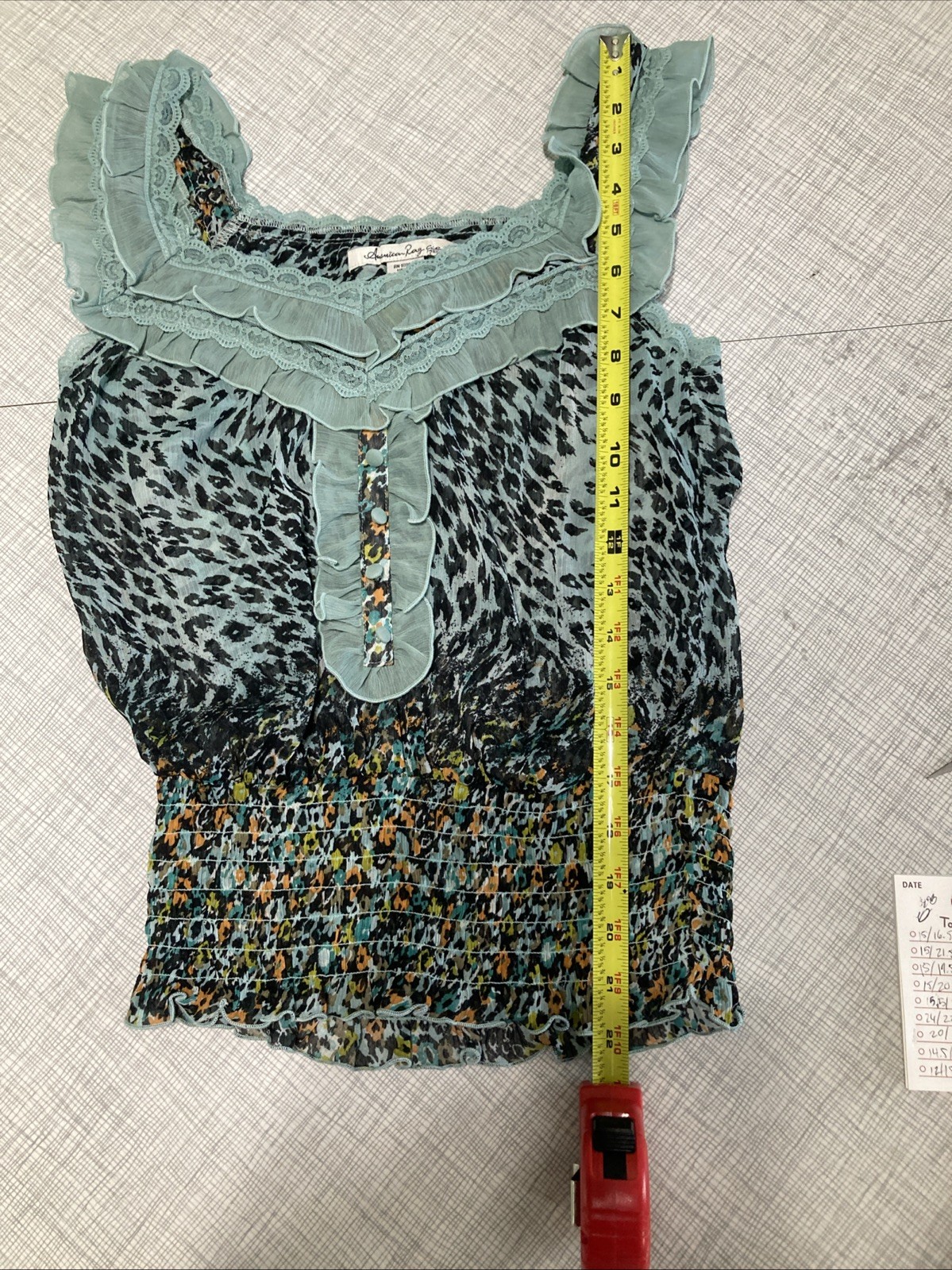 American Rag XS EUC Mint Green Leopard Print Sheer Ruffle Smocked Boho Top Y2K