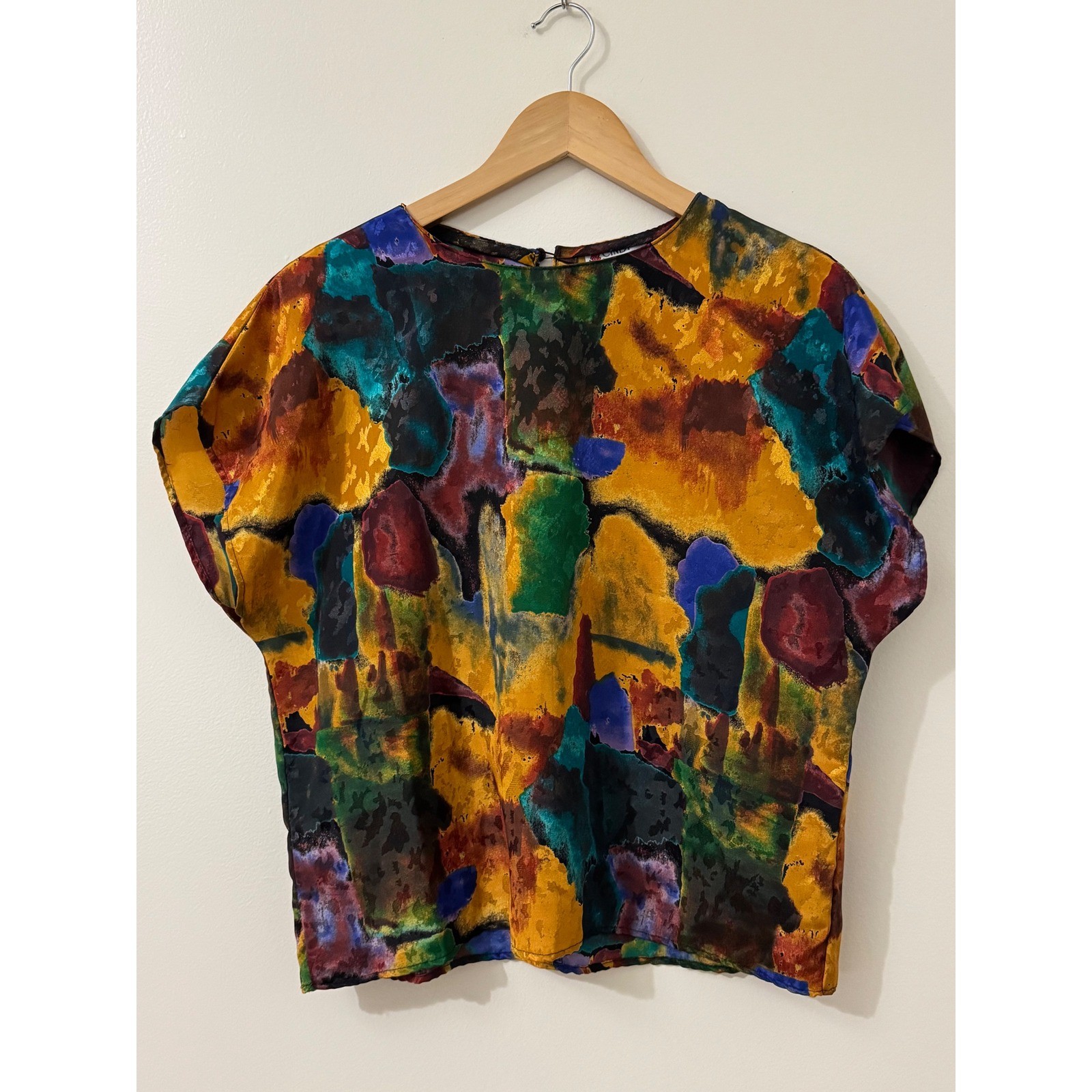 Vintage Cindy Collins Abstract Art Print Blouse Top USA Made Large Colorful 90s