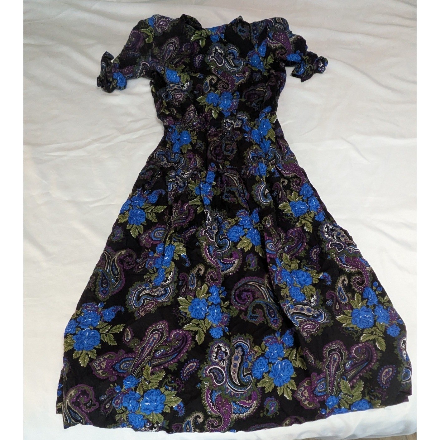 Jeffrey & Dara Vintage Dress Women 7/8 Black Blue Paisley Floral Rayon Midi USA