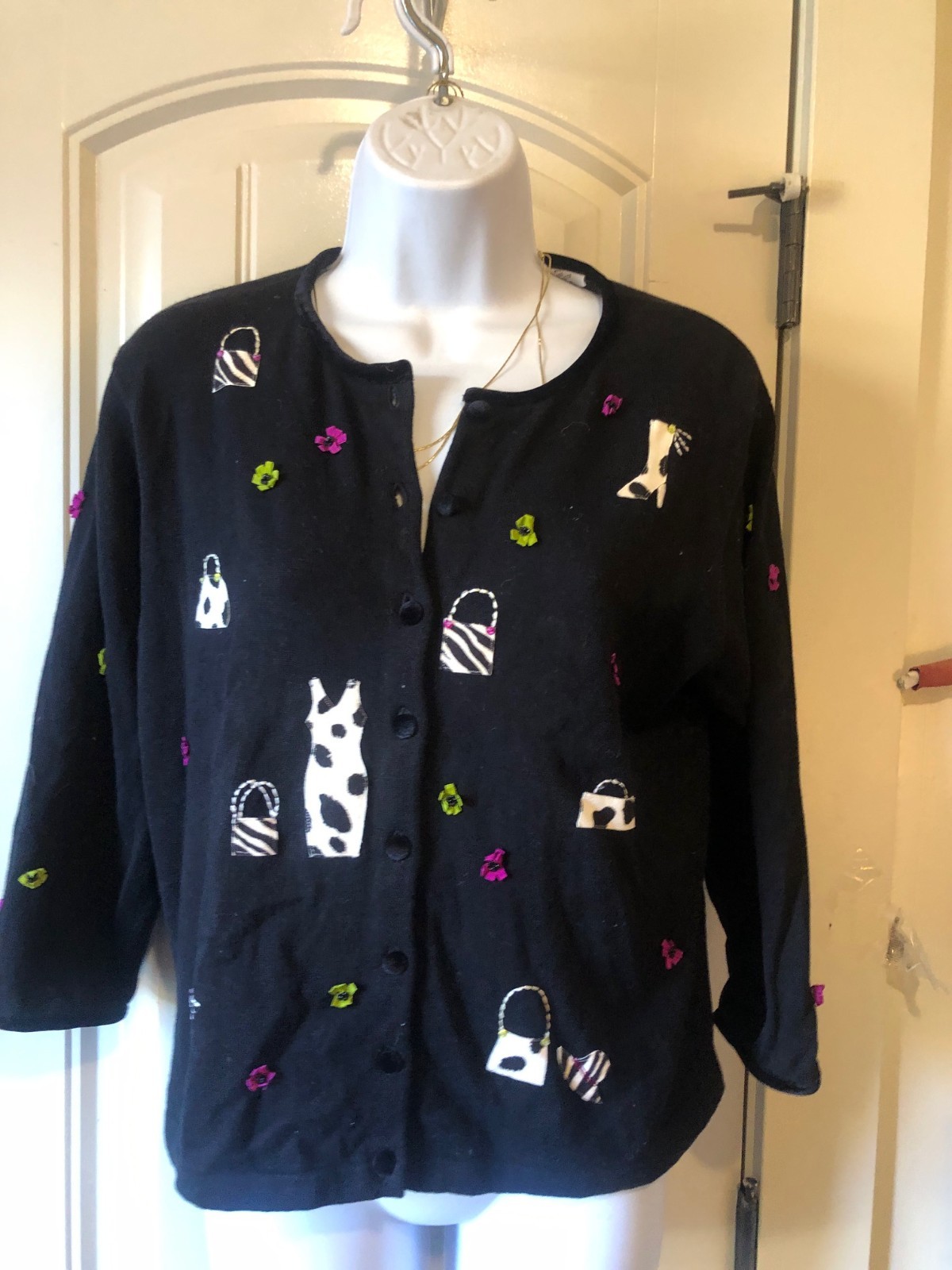 Marisa Christina Black Shopping Cardigan W/Velvet Buttons & Trim SzM EUC