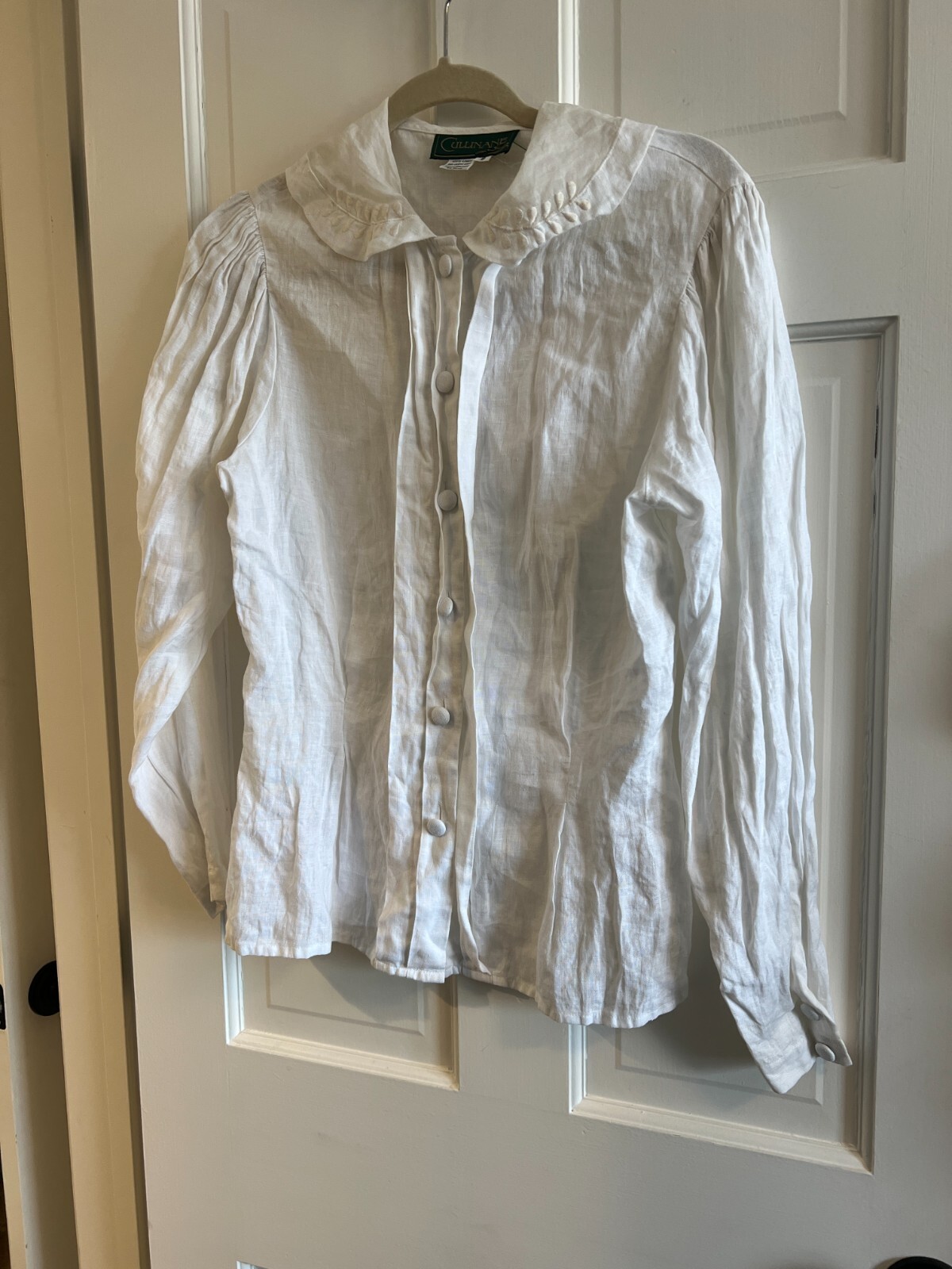 1980s Cullinane White Large Ruffle Collar 100% linen Romantic Blouse Shirt Sz 8