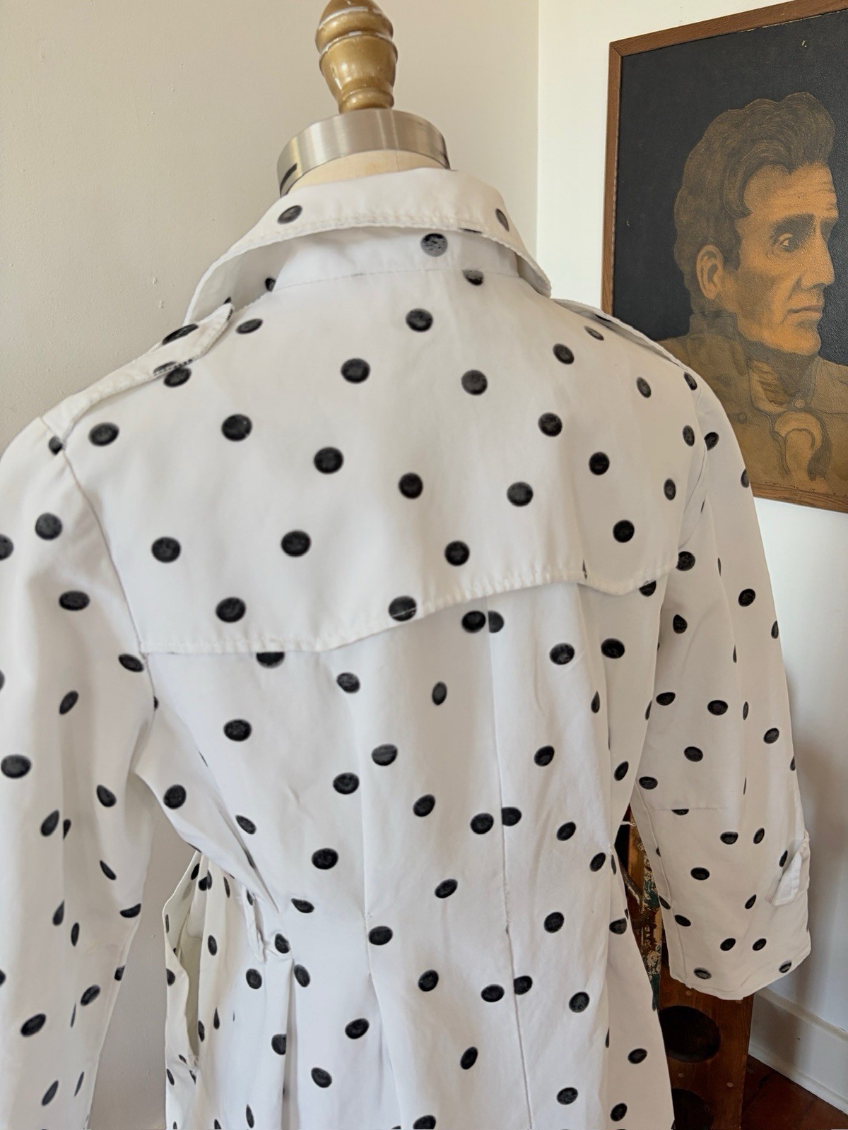 1960s Polka Dot Print Faille Trench Coat Double Breasted Jacket Jackie O 50s