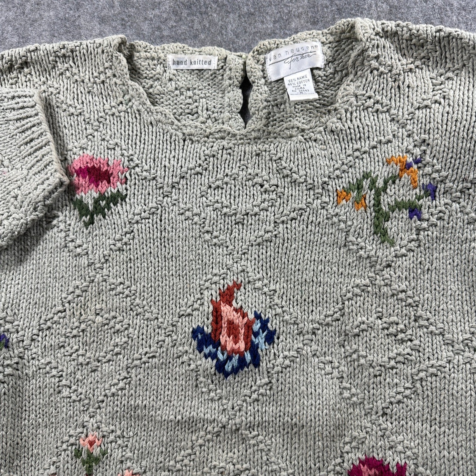 Vtg 90s Grandmacore Sweater Women S Sage Green Hand Knitted Floral Van Heusen