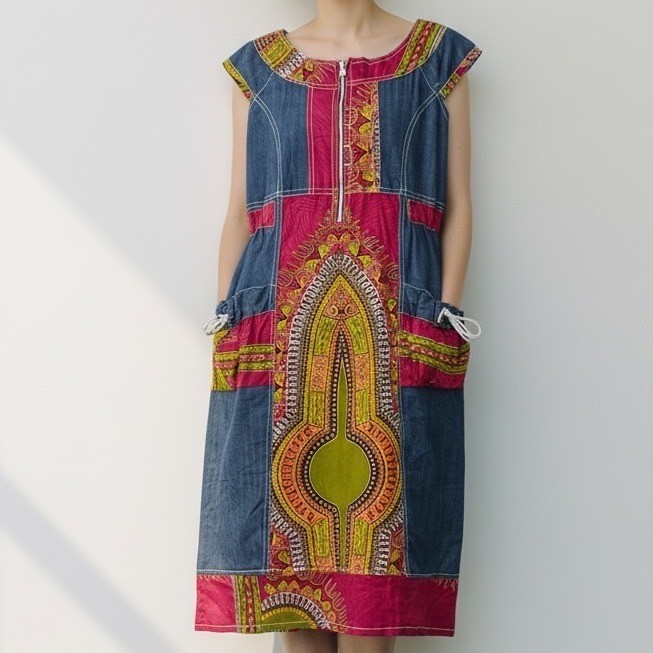 Denim Patchwork Dress Tribal Print Zip Front Pockets homemade boho artisan RARE