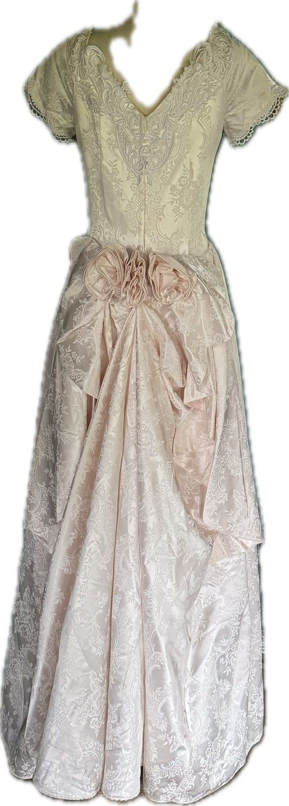 Basque Waist Gown WEDDING Princess Formal Satin Brocade Blush Bustle Roses M+
