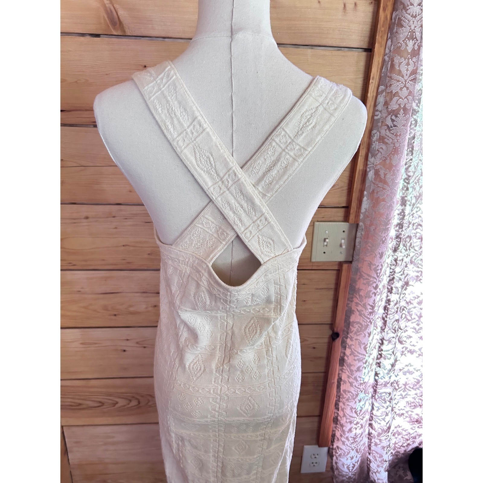 Vintage 100% Cotton Knit Maxi Dress Women Large Cream Crochet La Llama Canada