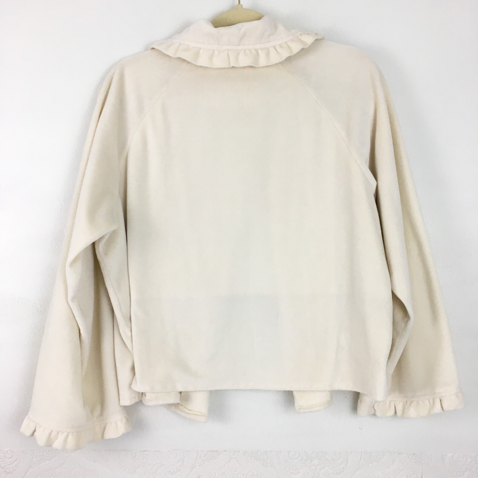 Upcycled vintage fleece cropped jacket womens xl ruffled trim cream color