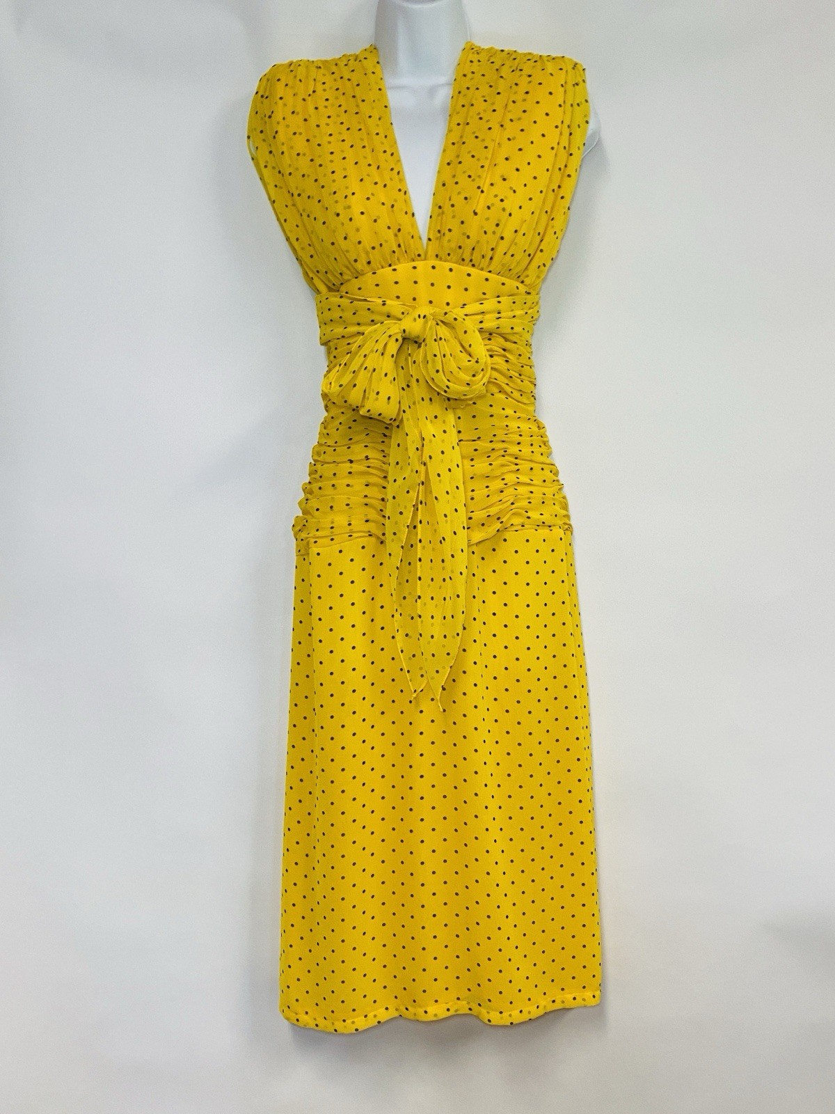WAYNE CLARK Vtg 80s Yellow Brown Polka Dot Chiffon Draped Dress Floaty Scarf W30