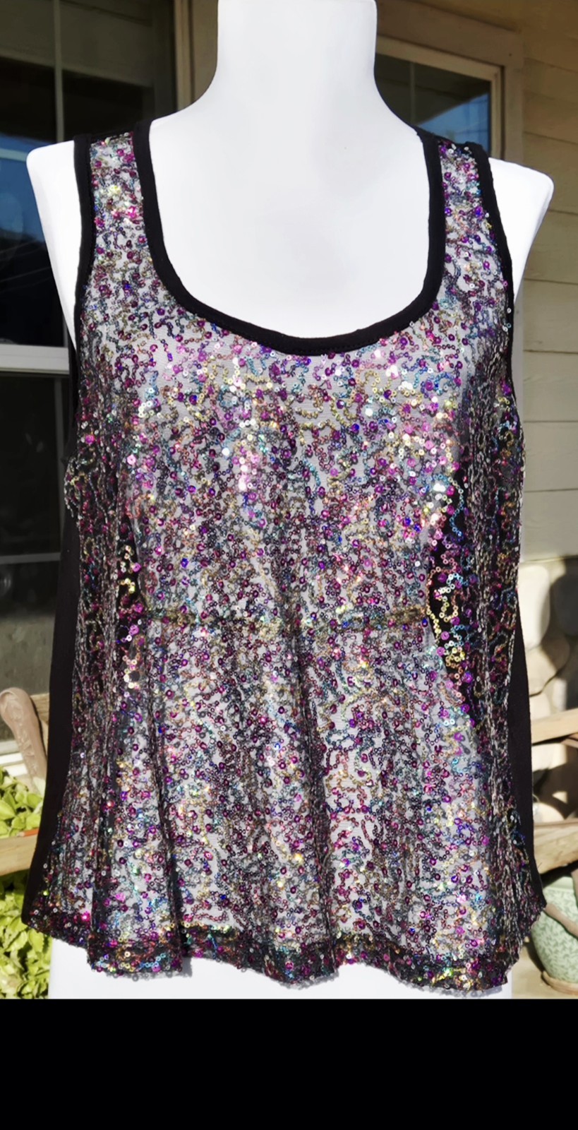 1990s CHARLOTTE RUSSE Sheer Rainbow Sequined Poly Spandex Tank Top Size XL