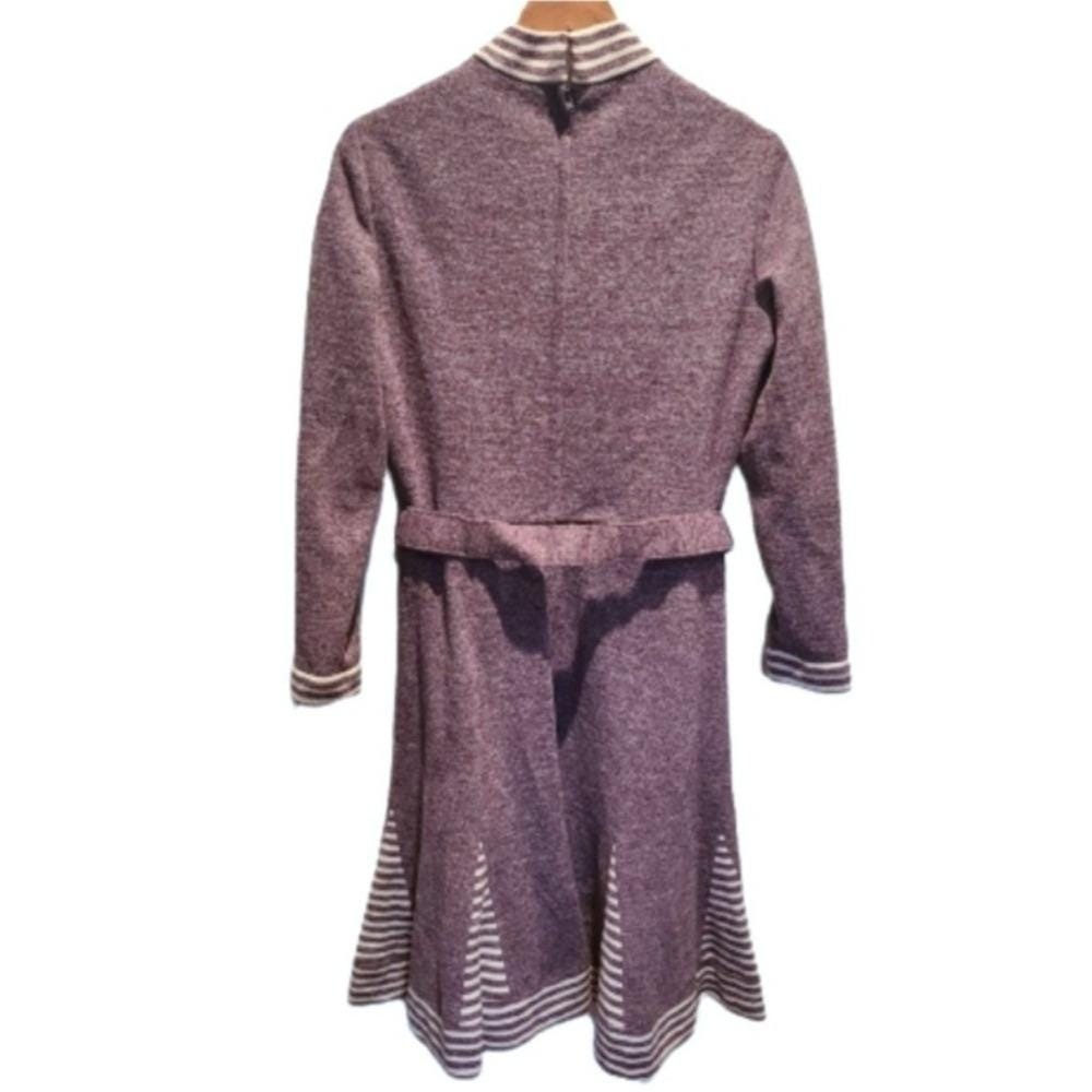 Vintage Purple Belted Long Sleeve Mockneck Fit & Flare Dress UK 14 Fits Small