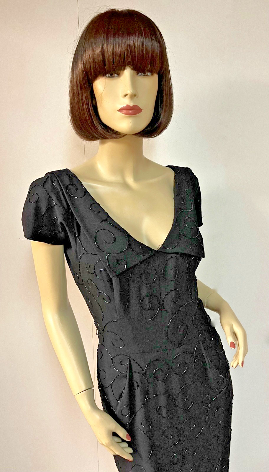Vintage 1950s Cuffed Cleavage Black Beaded Side Zipper Cocktail Dress Bust 34