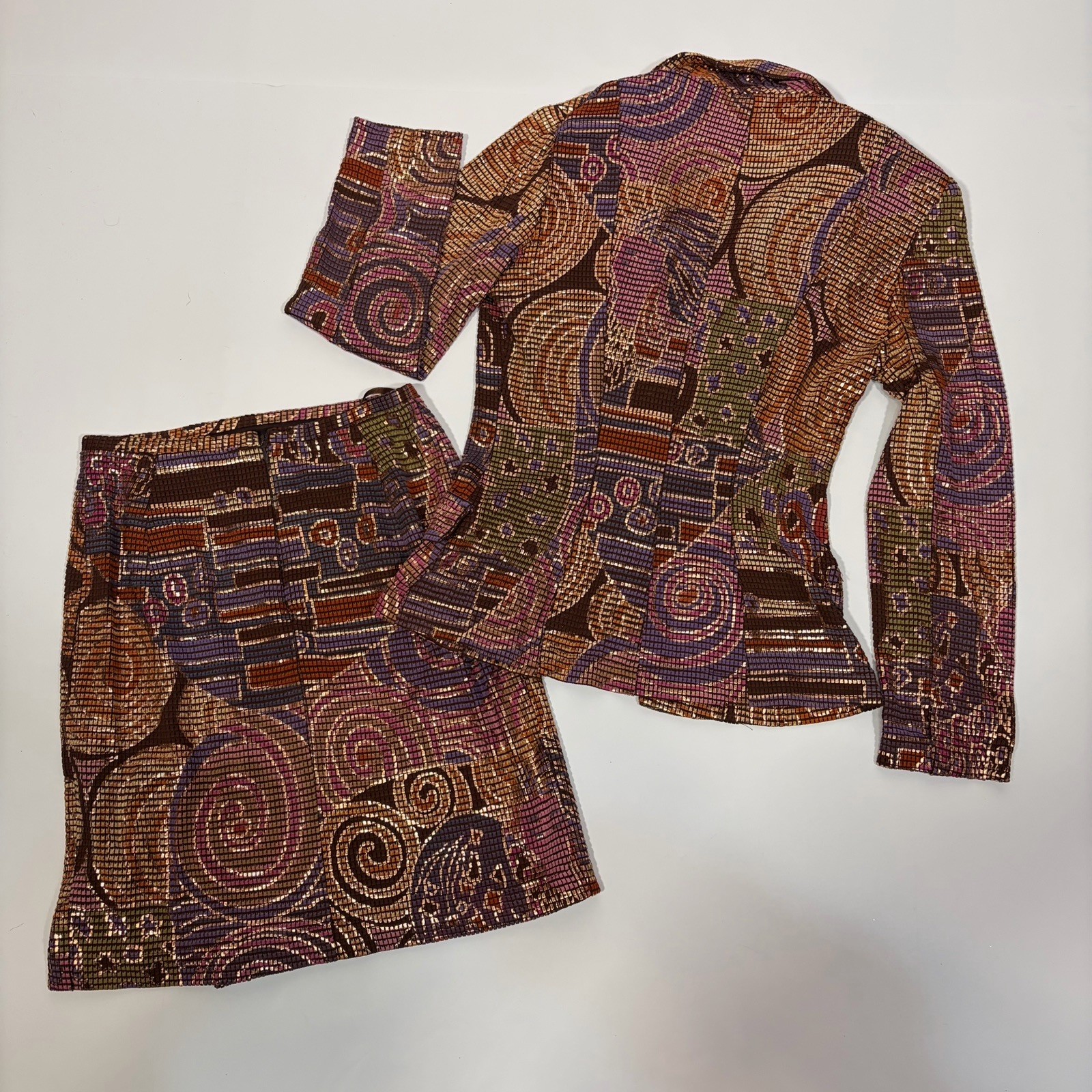 Janine Petites Geometric Skirt Suit Brown Purple Gold Pink Multicolor