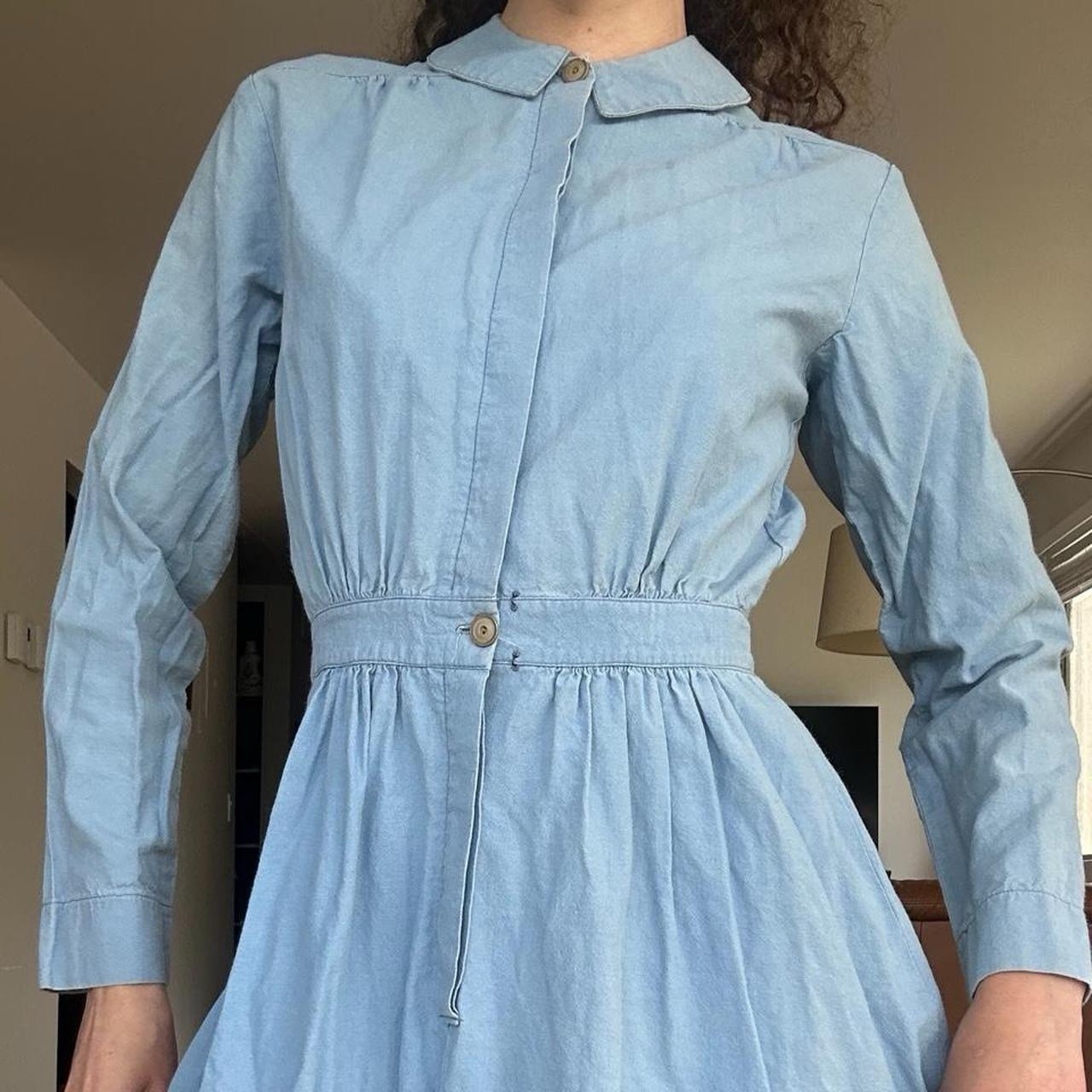Vintage 1970s Handmade Western Chambray Dress Peter Pan Collar