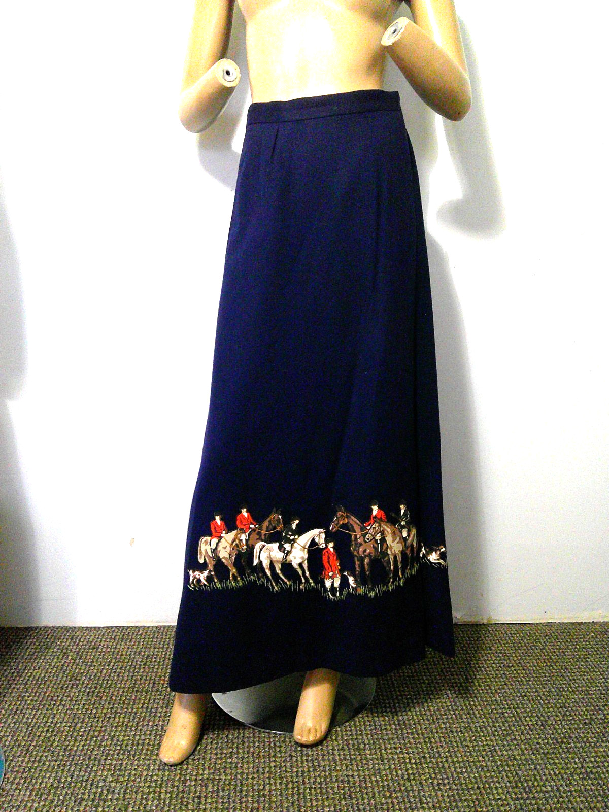Vtg 70&rsquo;s Equestrian English Riding Fox Hunt Applique Navy Wool Wrap Maxi Skirt S