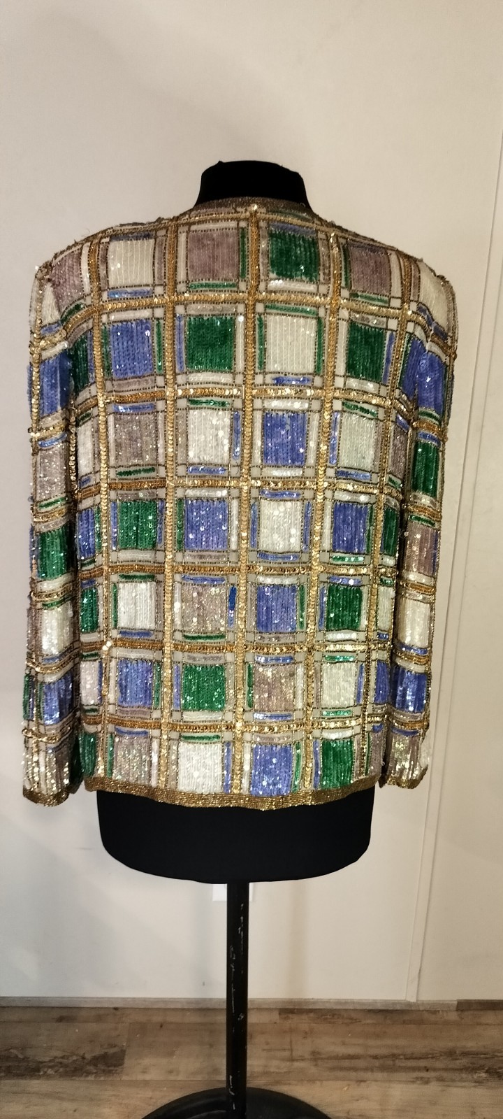 Laurence Kazar Multicolor Sequin Silk Evening Jacket Gold Green Blue Size L