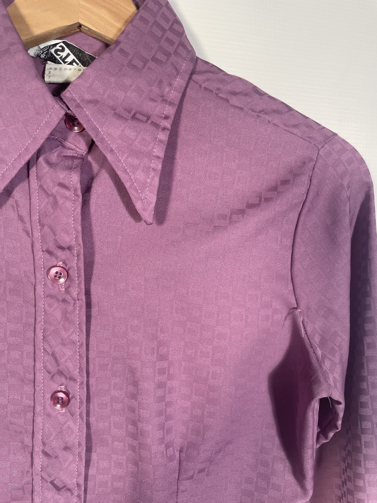 Vitg 70s Dagger Collar Damask Weave Geometric Print Tailored Purple Blouse Sz S