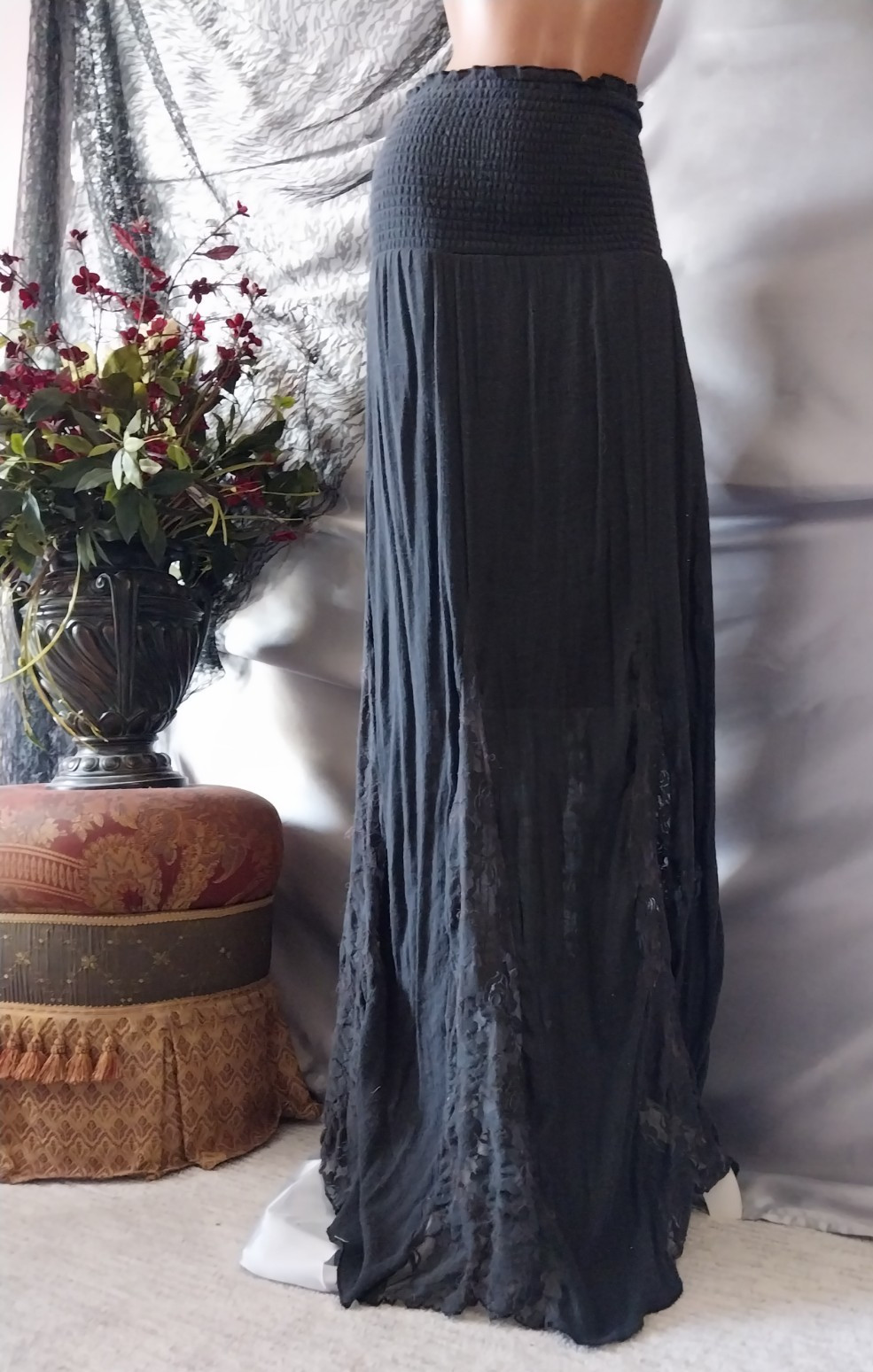 VTG ETHEL CAIN ESQUE GRUNGE TATTERED DISTRESSED MAXI SKIRT SMOCK SHOULDER RESS