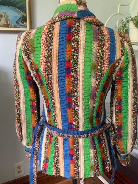True VINTAGE 60s 70s Ruched BOHO Jacket Rainbow Blouse Belted Size S Blazer Mod