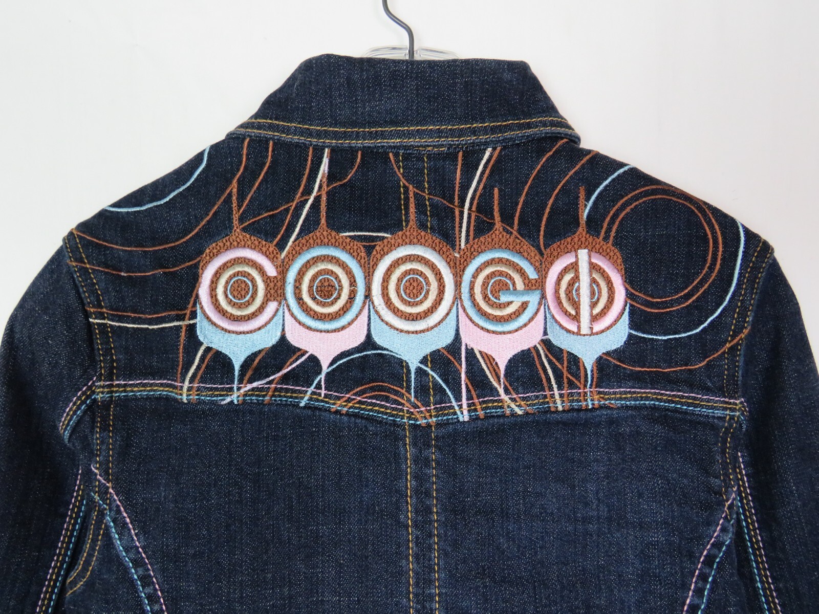 COOGI VTG 1990s 2000s BLUE STRETCH DENIM JEAN CROP JACKET EMBROIDERY ENAMEL