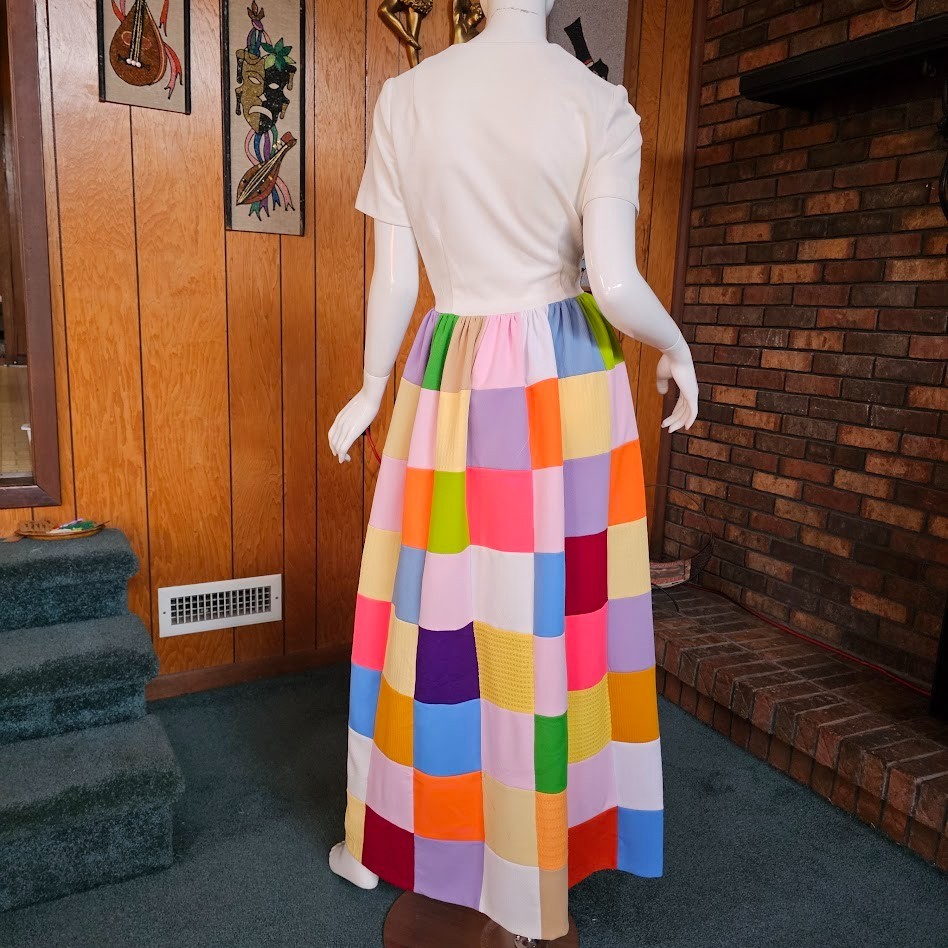 Vtg 70s Hippie Patchwork Rainbow Quilted Skirt Homespun Maxi Zip Front Dress S/M
