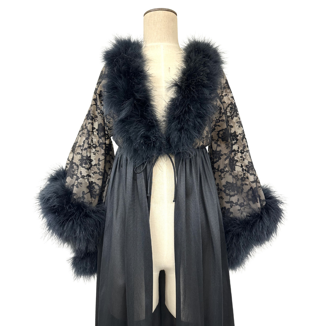Vintage 1960s Jenelle Black Marabou Feather and Nude Illusion Lace Peignoir Robe