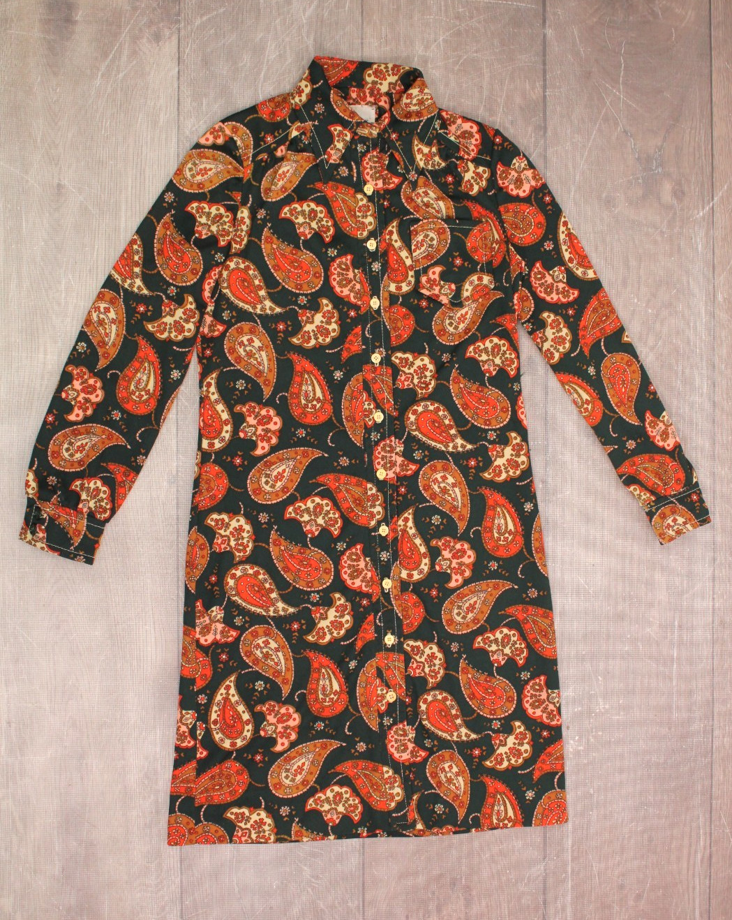 VTG Women&rsquo;s 60s 70s Forest Green & Orange Paisley Shirt Dress S/M 1960s 1970s