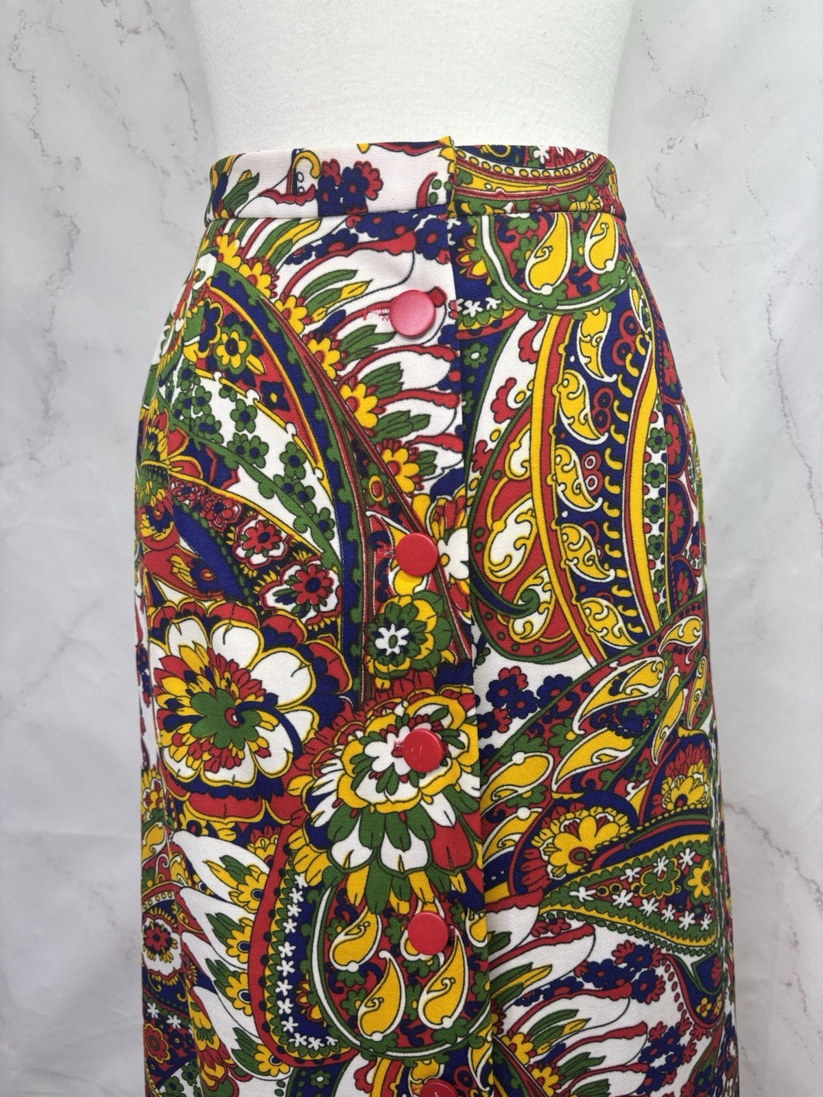 Vintage 60s MOD Maxi Skirt Psychedelic Paisley Retro Button Front XS MCM 70s