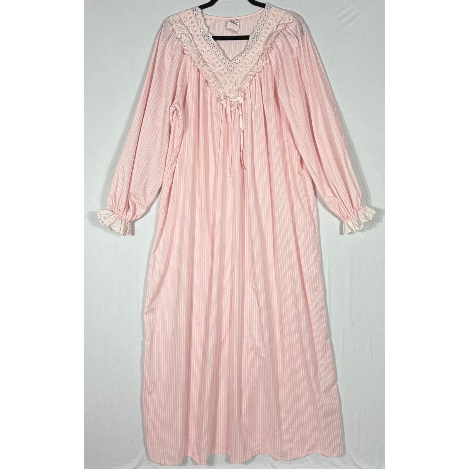 Vtg Donna Richard Gilligan O&rsquo;Malley Pink Pinstripe Eyelet Lace Nightgown Cottage