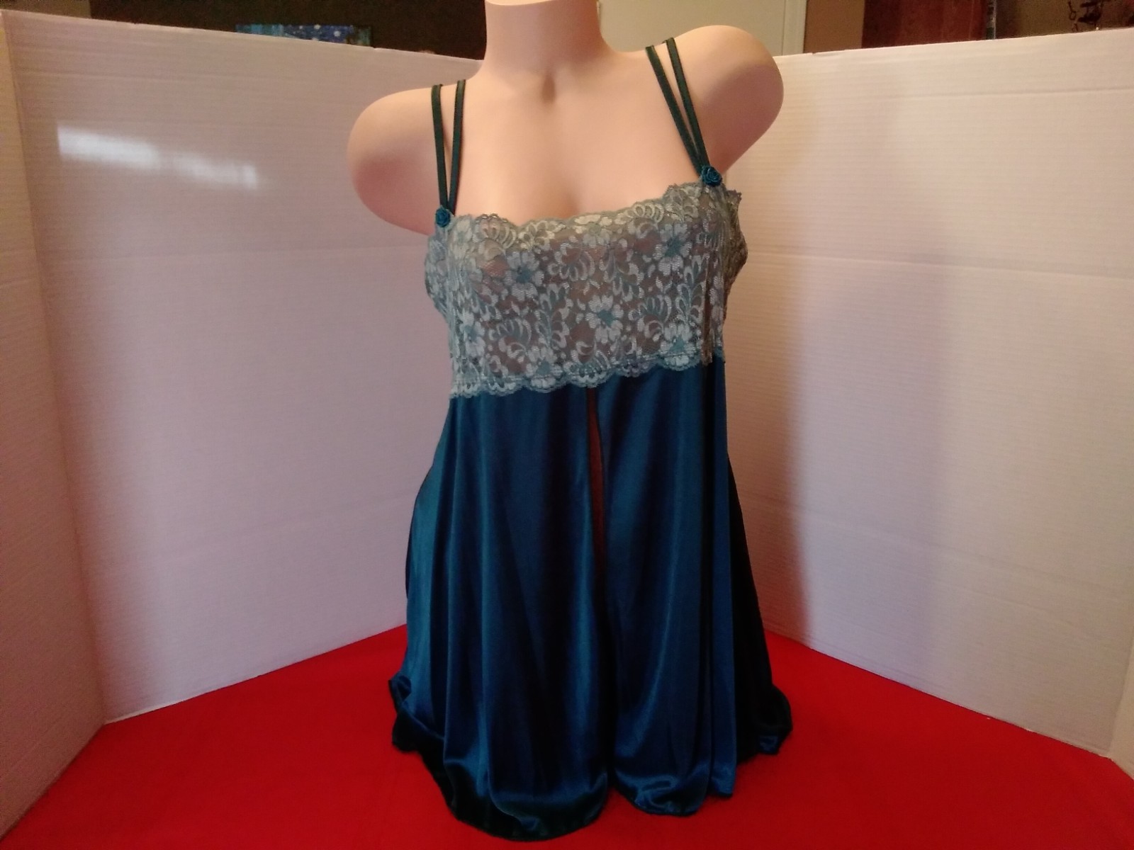 Vintage NEW Petra Teal Green Lace Bodice L Short Babydoll Nightie Silky