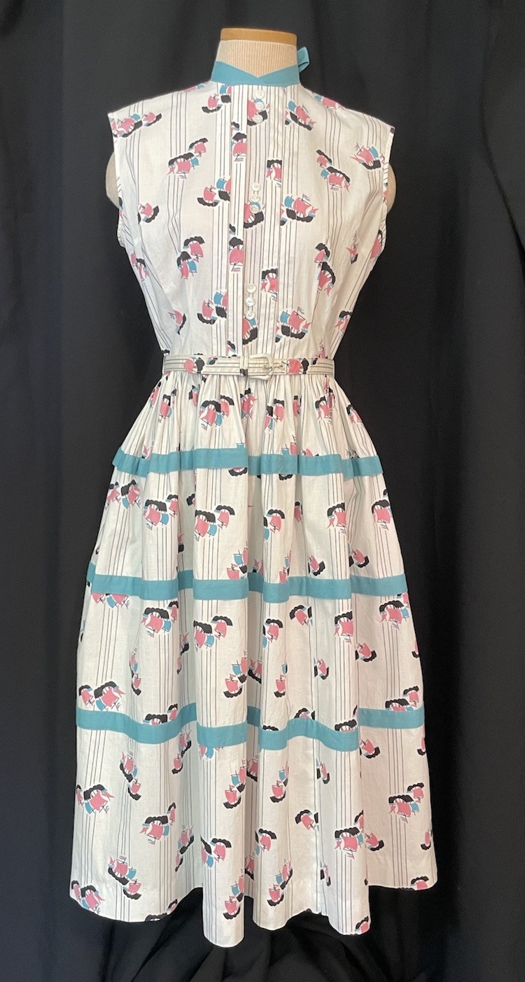 Vintage 1950s Joan Miller Juniors Sundress Novelty Schooner Print Bust 36&Prime;