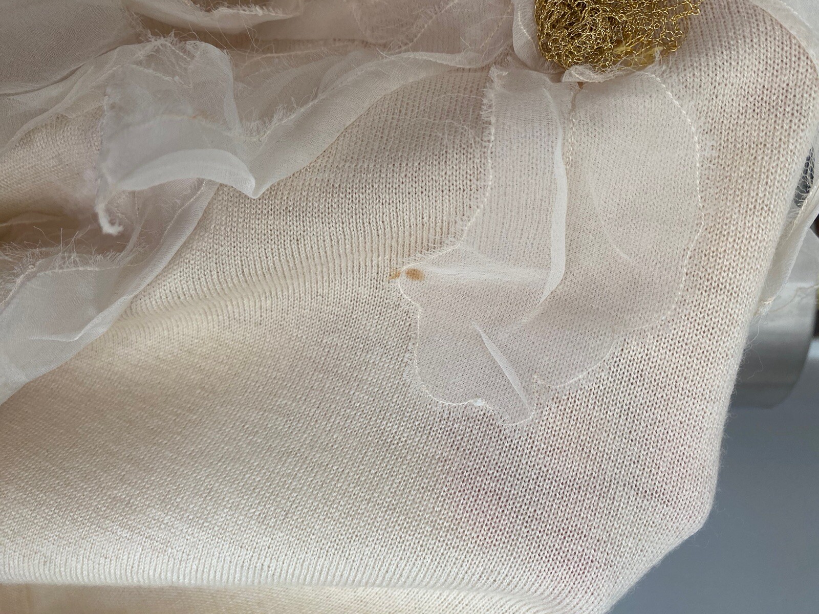 Vintage Emanuel Ungaro Paris Sweater Cream Chiffon, Gold Flower SZ L Chest 34”