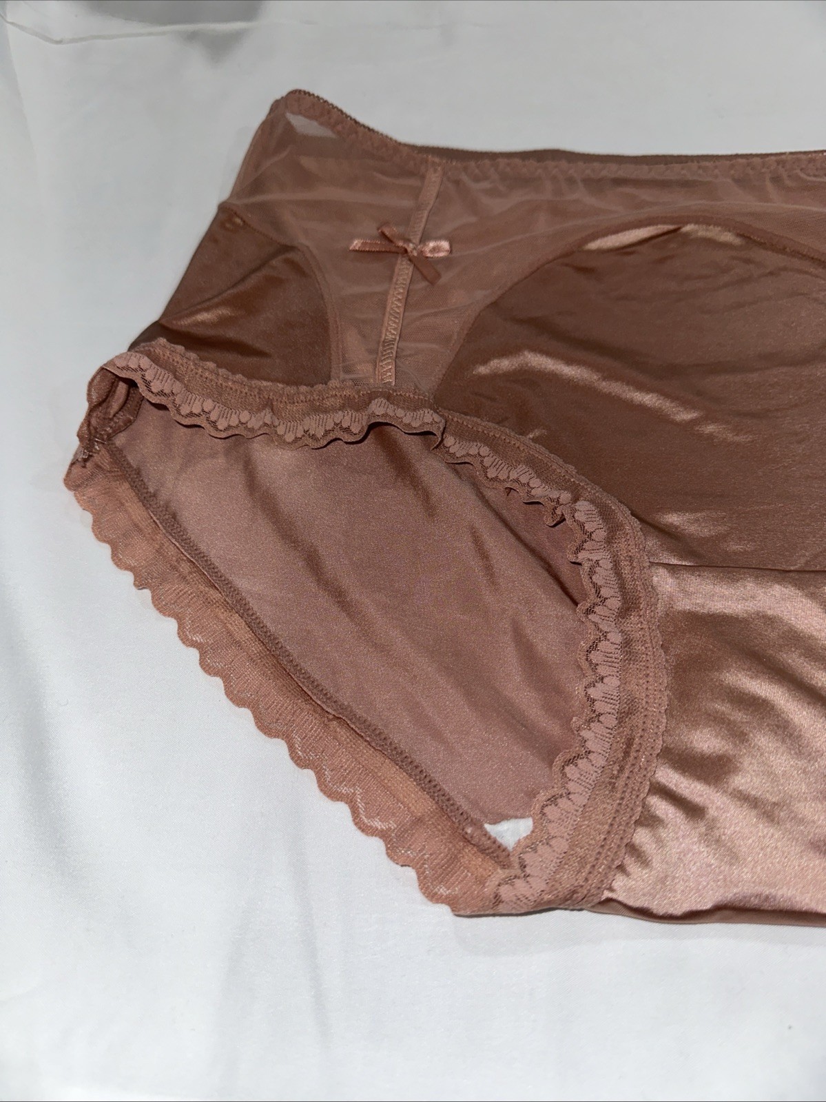 ~Shiny Large Rose Champaign Nylon Lace Blended Panties W/Bows Cotton Gusset New