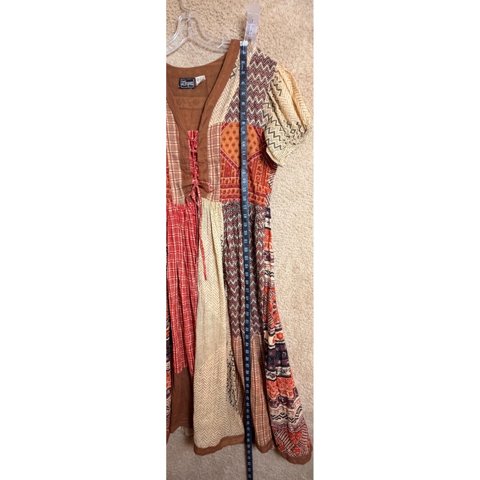 Vintage St Tropez India Patchwork Cotton Peasant Babydoll Midi Dress L Boho