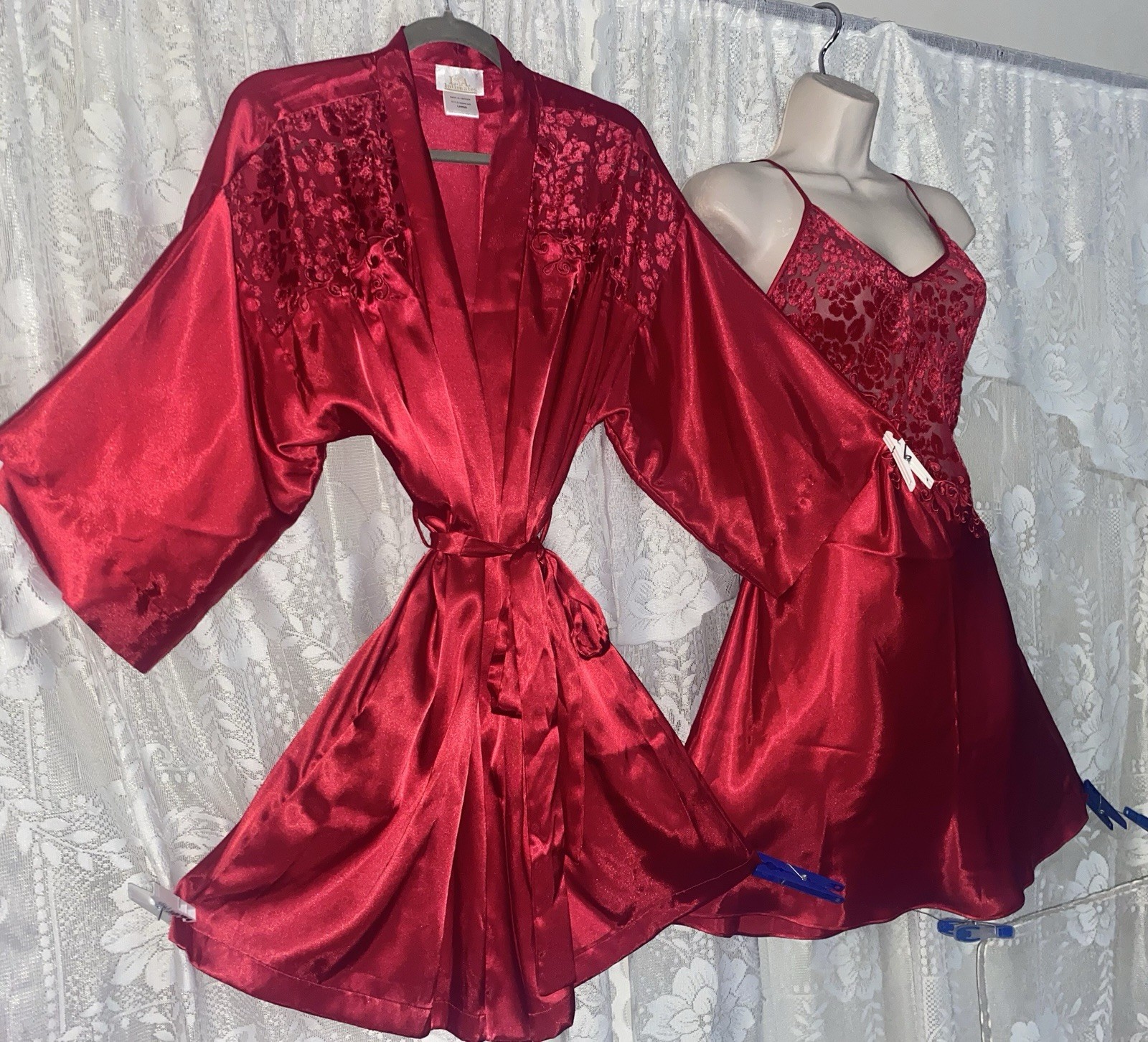 Vtg NWT S M+ CHERRY Red Satin WRAP ILLUSION Babydoll Peignoir Robe Nightgown Set