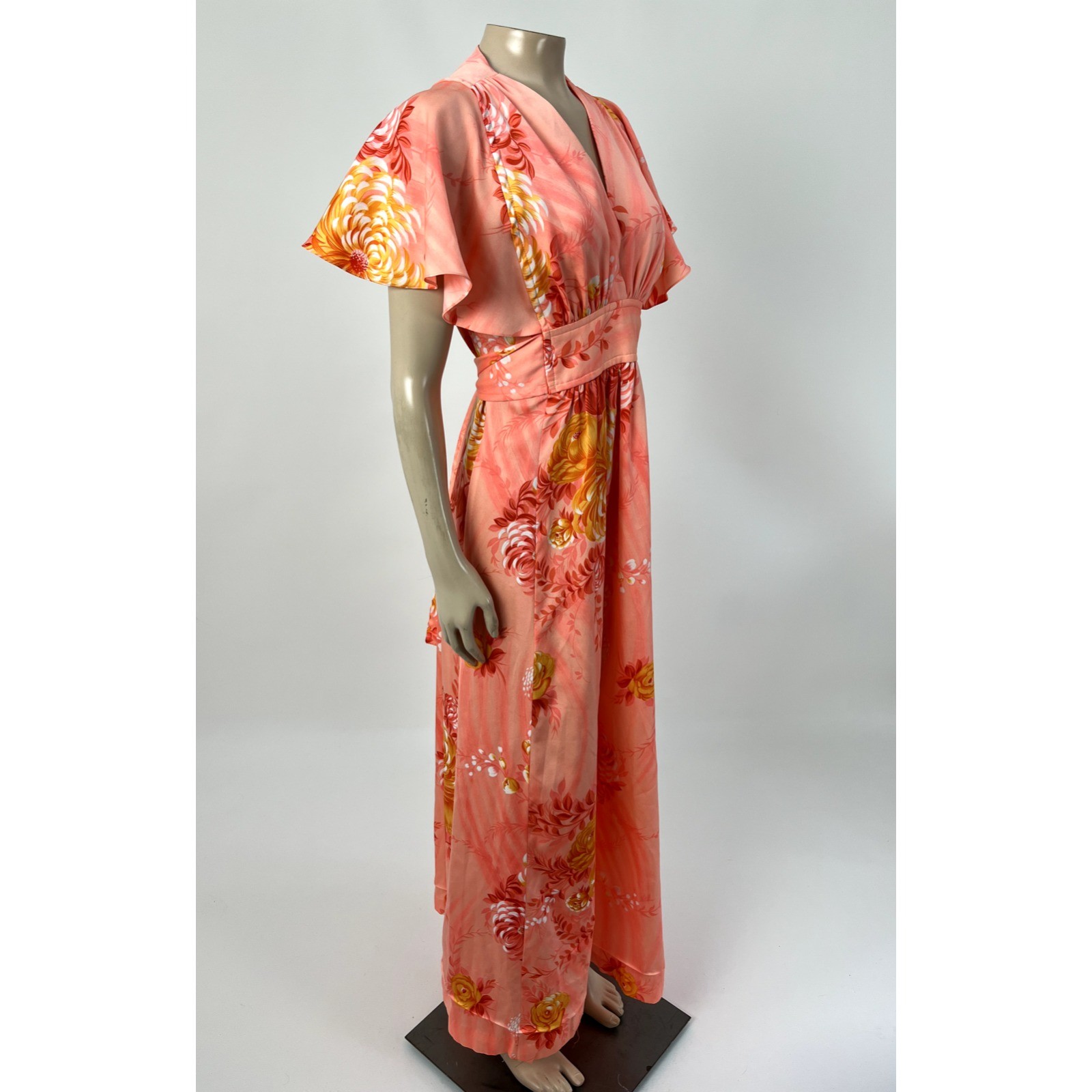 Vintage 70s Lilia Honolulu Hawaii Maxi Long Dress Flutter Sleeve Polyester G4-30