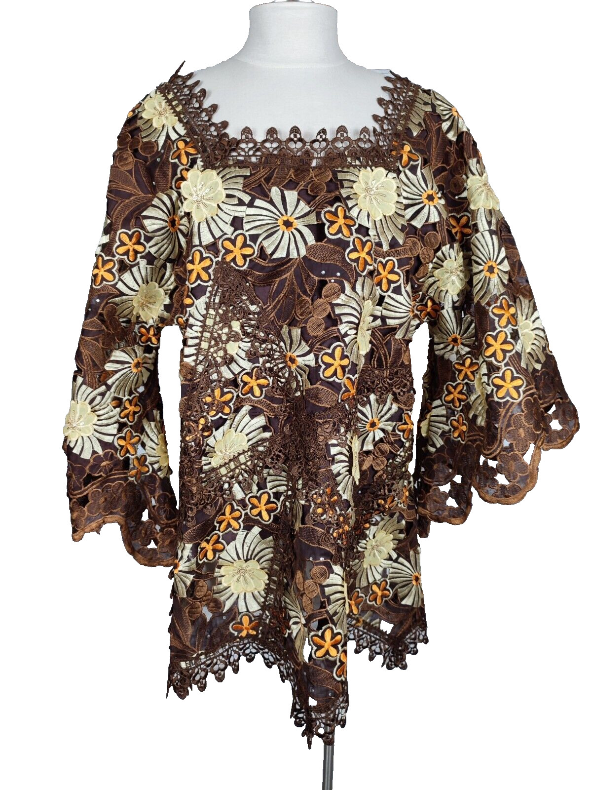 Vtg Floral Tunic Lace Embroidery Top Brown Yellow Orange Angle Sleeve 70s Island