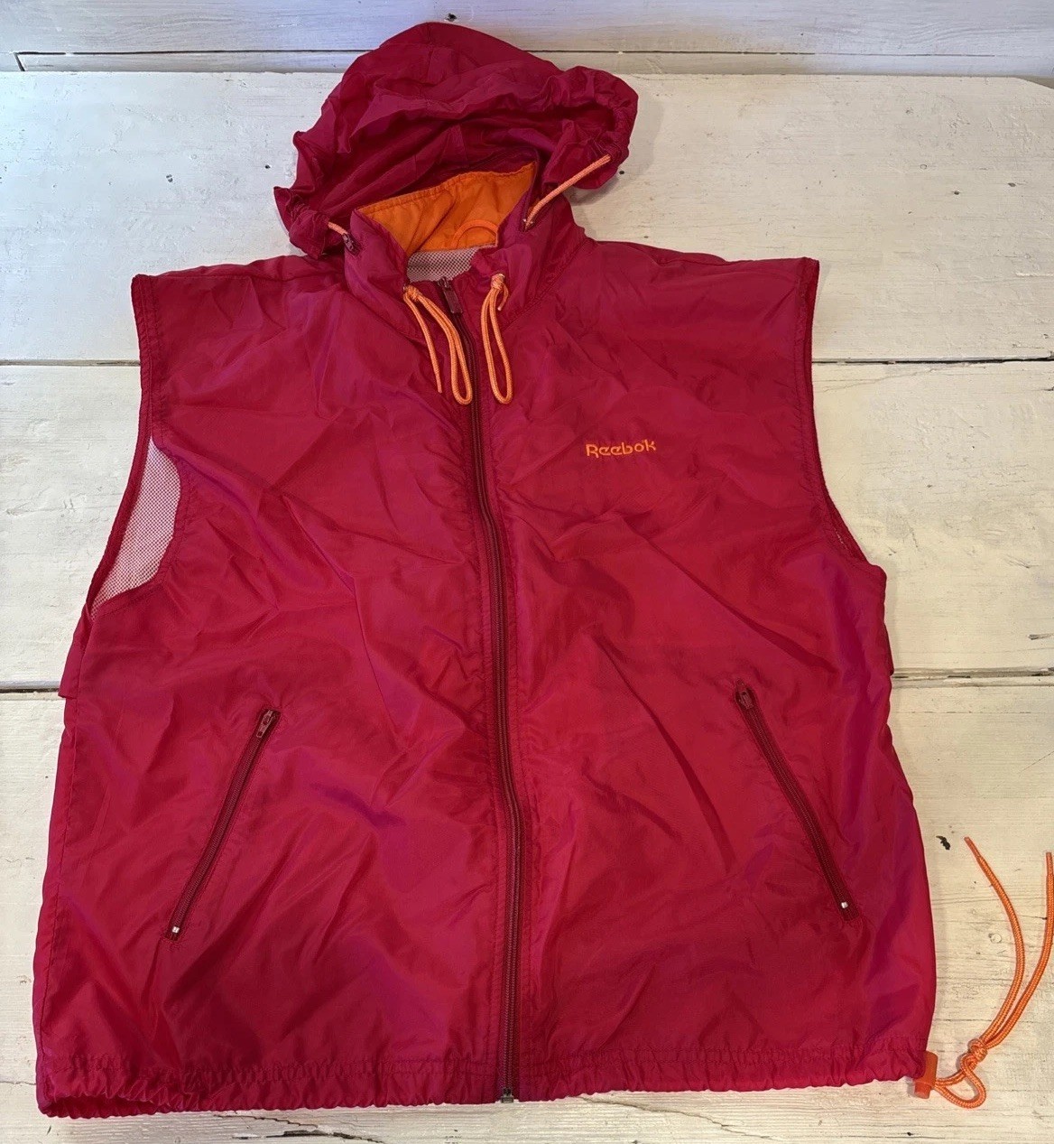 Vtg Reebok Sport Women/Men Medium Nylon Vest Windbreaker Hoodie Red Orange