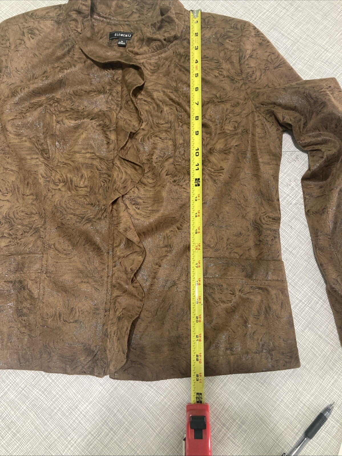 Elementz Brown Faux Suede Ruffle Front Jacket Size M EUC Vintage Y2K MFLJ0128