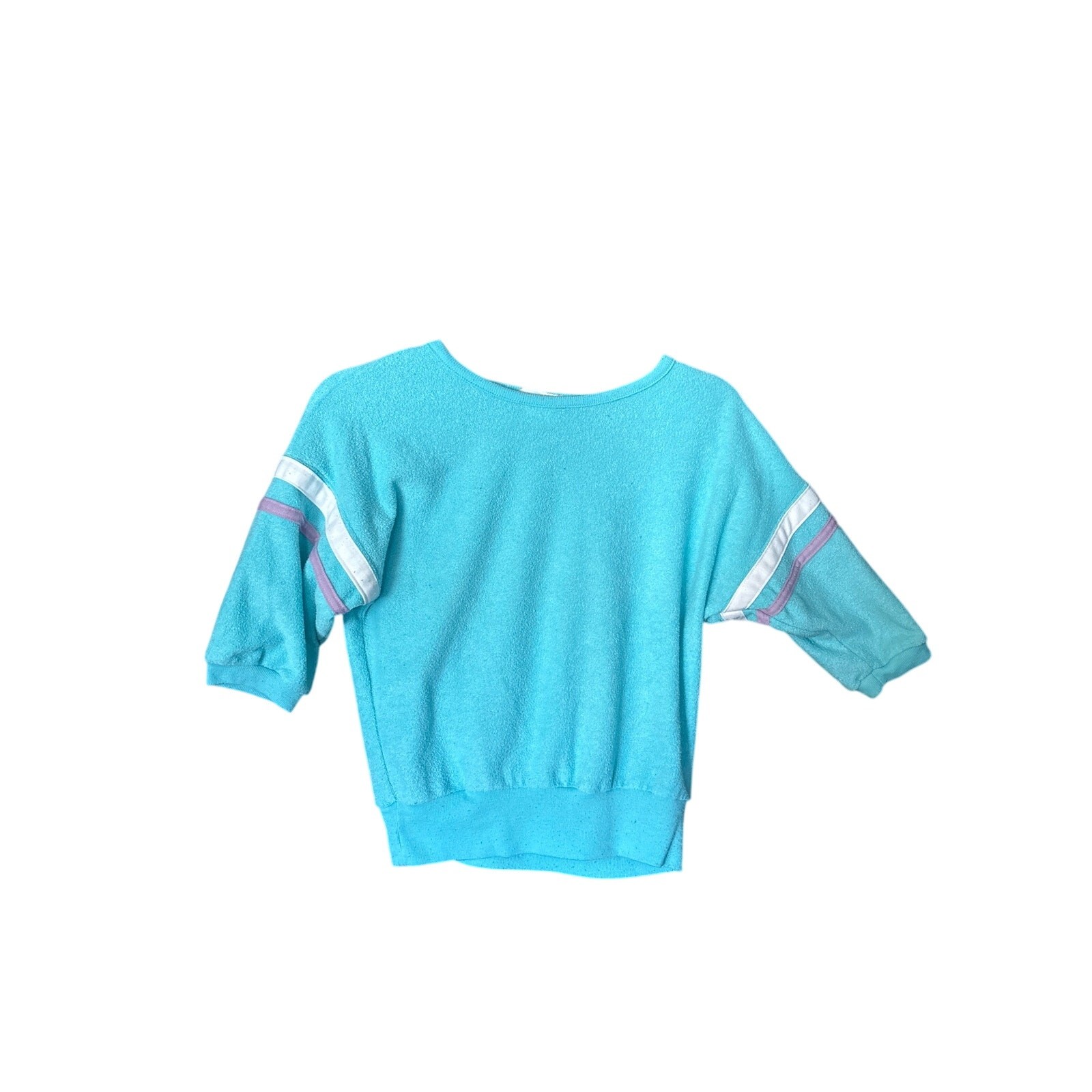 Vintage 1980s Women’s Terry Cloth Short Sleeve Aqua Blue Purple Bright Shirt S