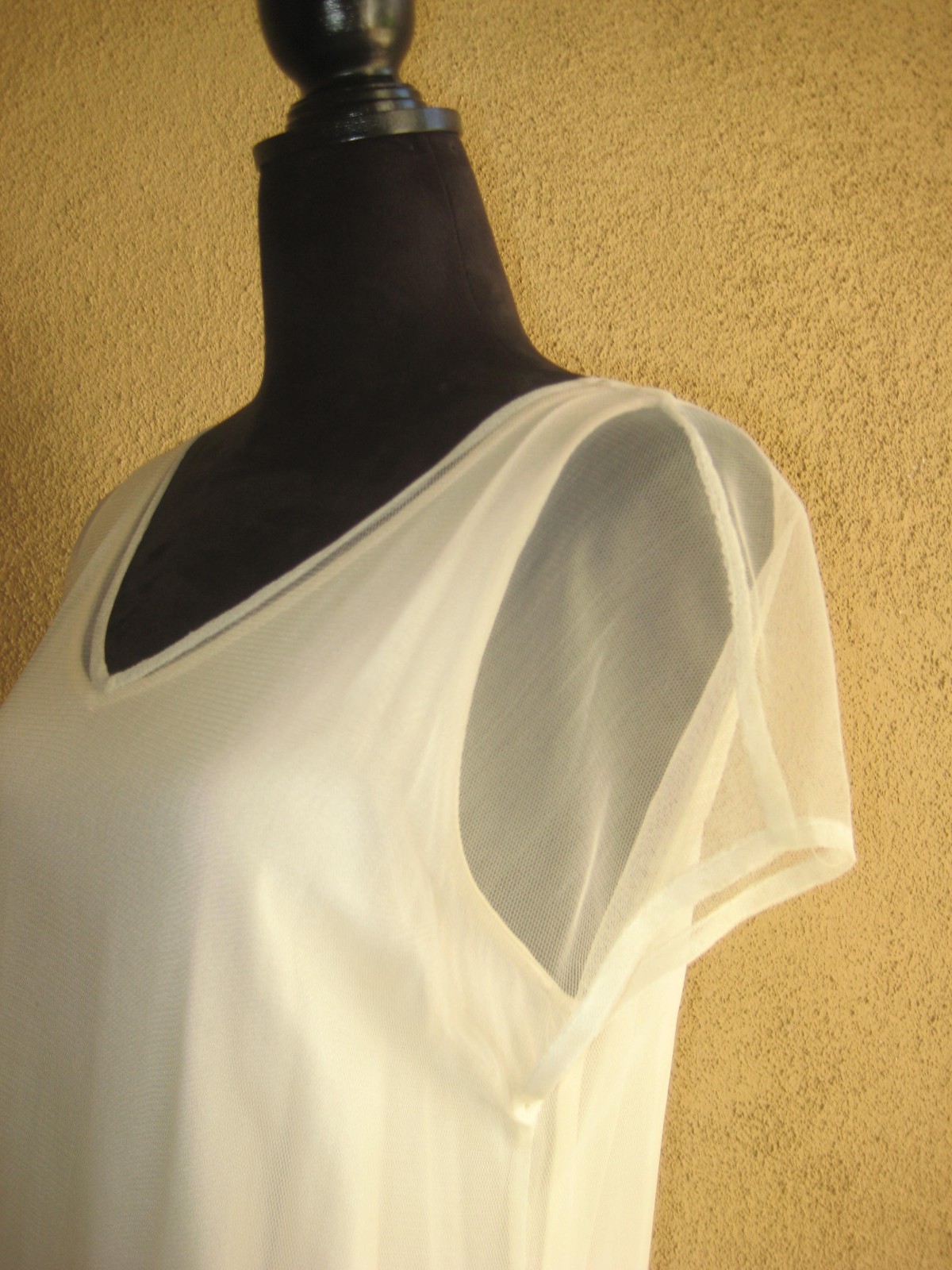 Vintage April Cornell ivory mesh overlay drop waist handkerchief hem dress M