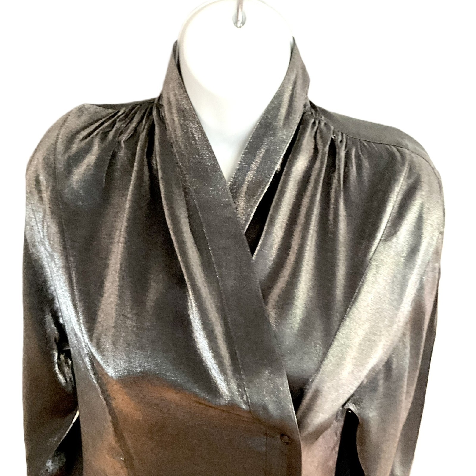Clasen Vintage Silver Metallic Shimmer Blouse Drapped Collar IT38 Italy