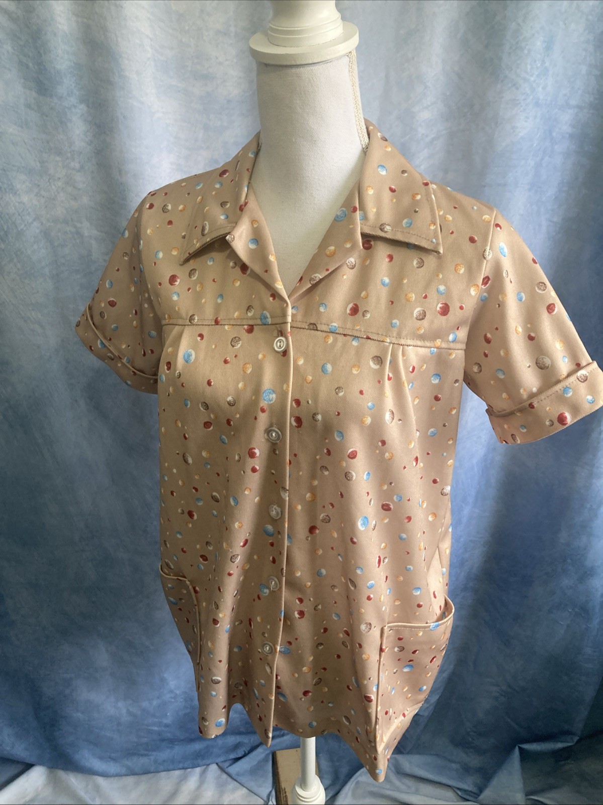 Vtg 1970s Lind Clare Artist Smock Top Sz 36 Pockets Utility Geometric Mod Print