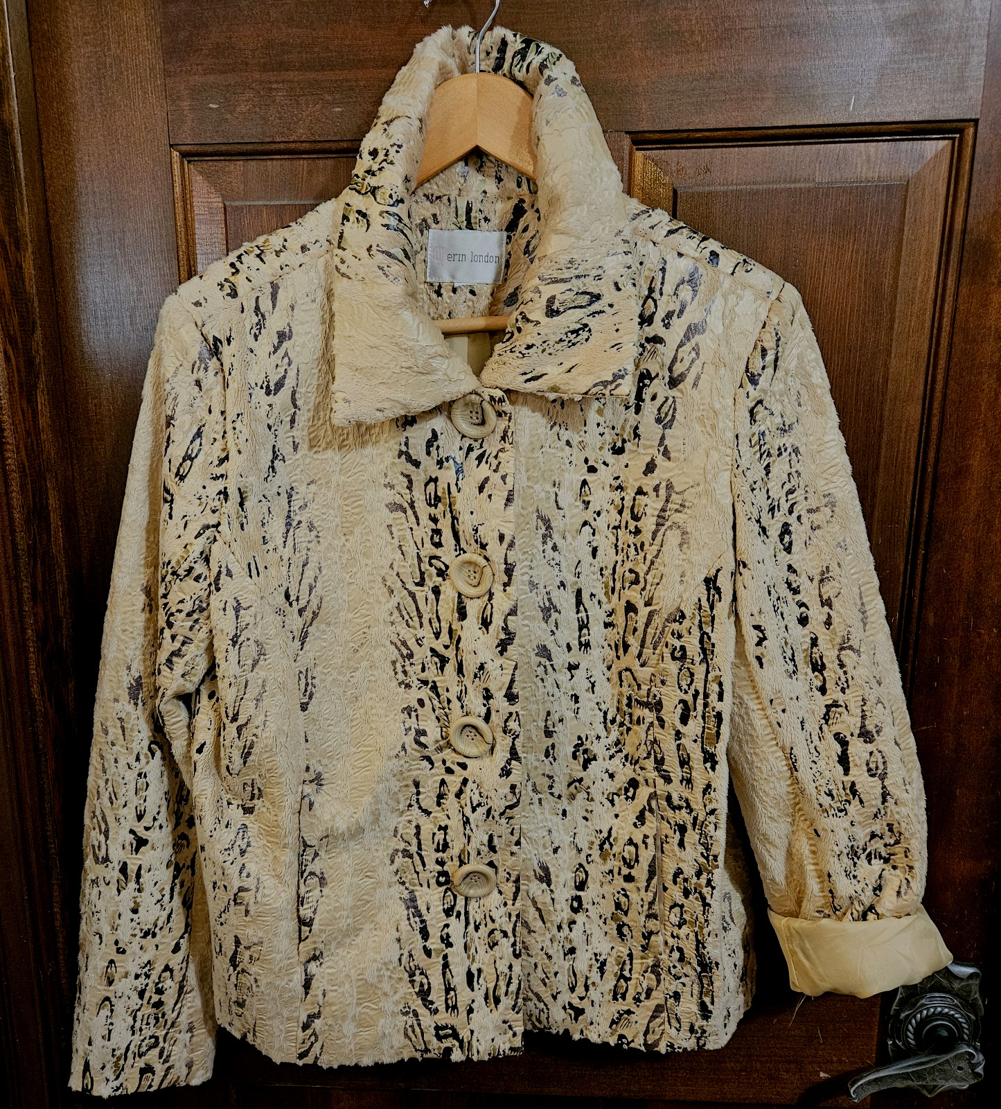 Erin London Faux Fur Jacket Vintage Size L Coat Animal Ivory Shimmer Gold Fuzzy