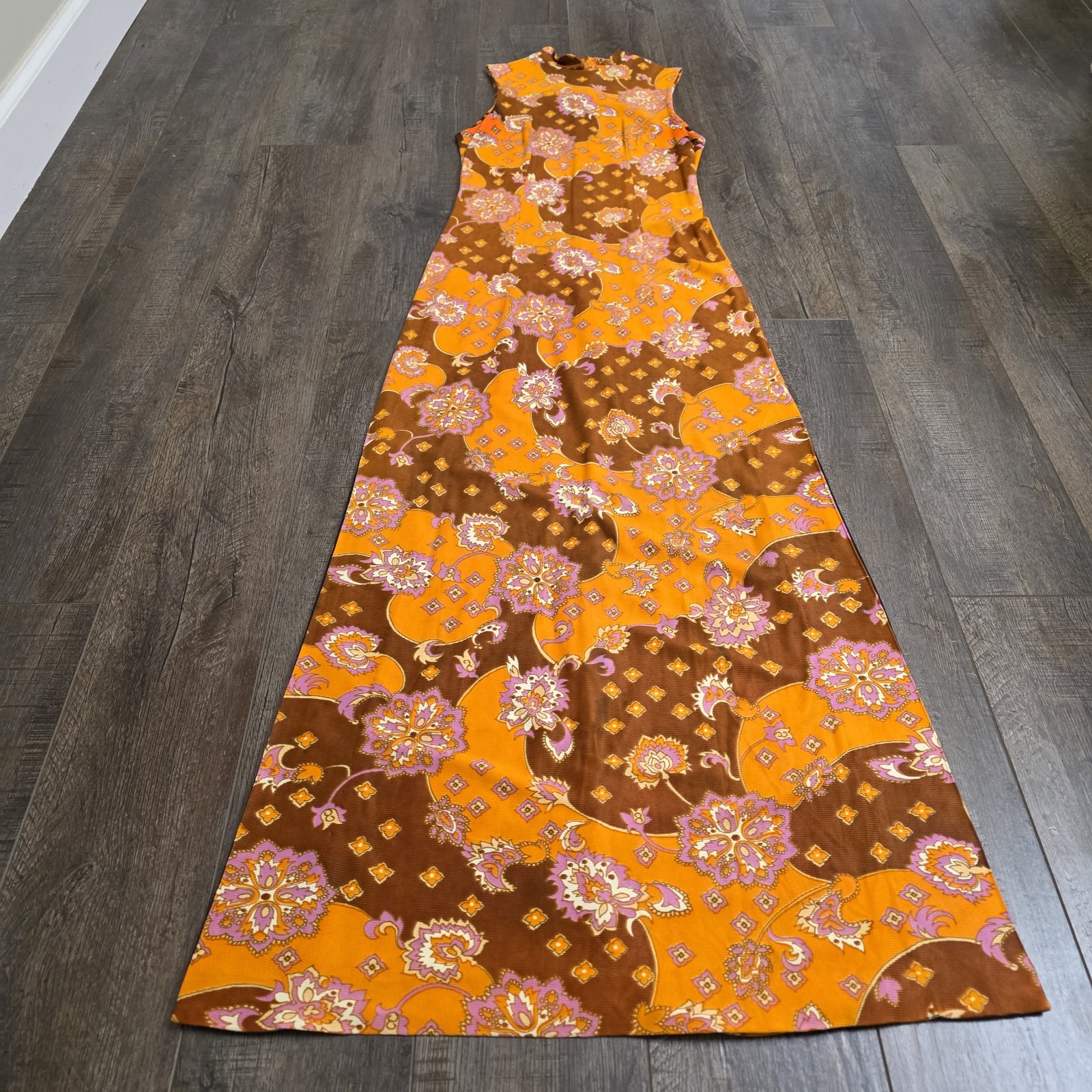 Vintage 60s 70s Maxi Dress Size 11 Orange Brown Floral Hippy Psychedelic Acetate