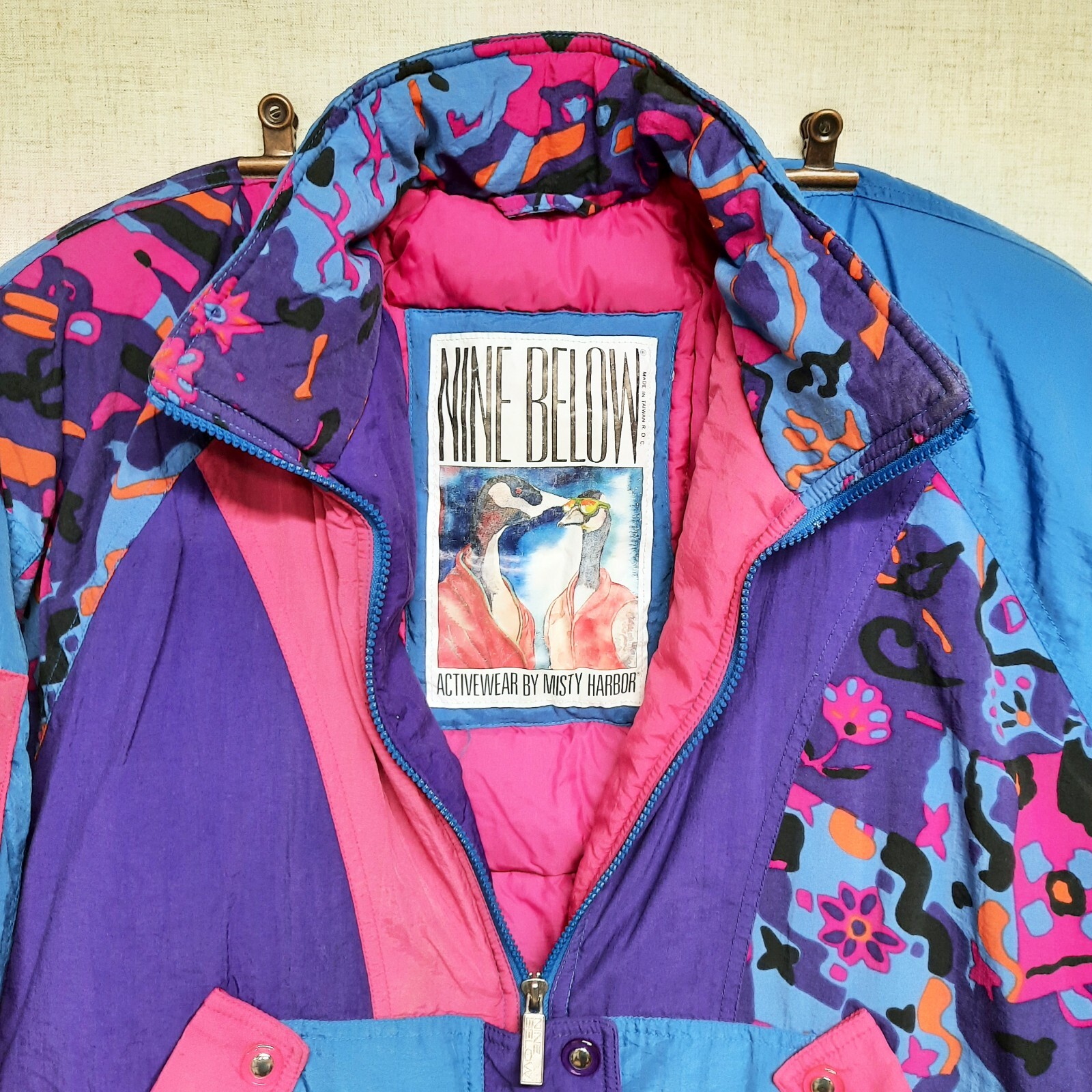 Vintage 1980s Nine Below Ski Jacket Down Coat Color Block Pink Purple Blue